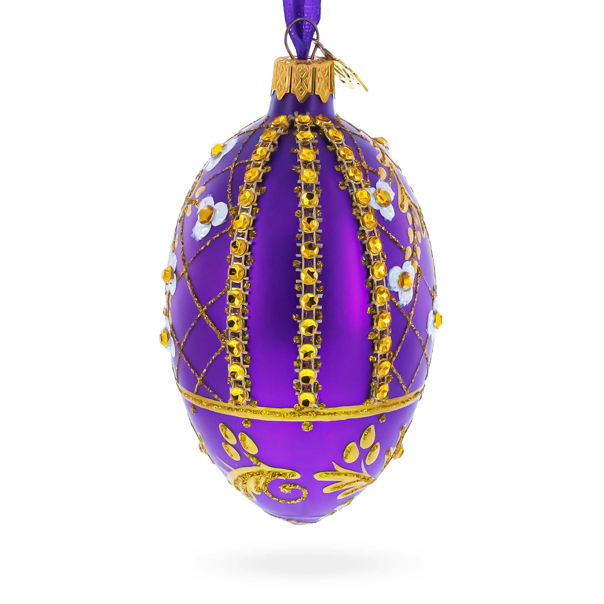 White Flowers on Purple Lattice Glass Egg Ornament 4 Inches