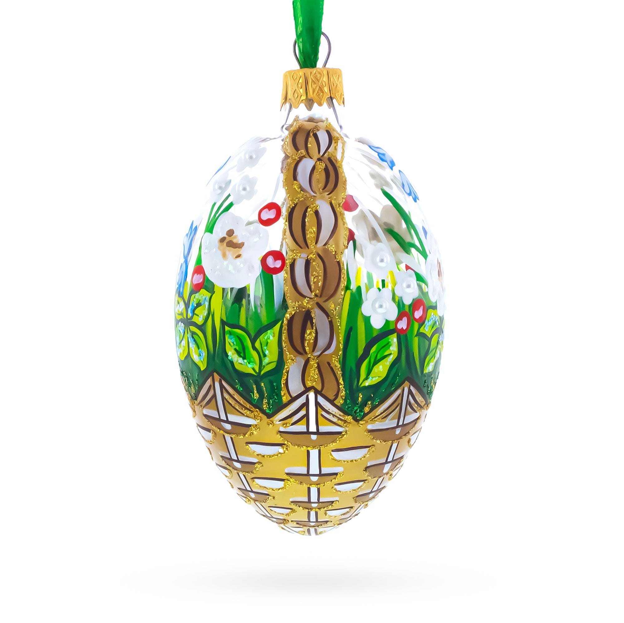 Summer Flowers Basket Glass Egg Ornament 4 Inches