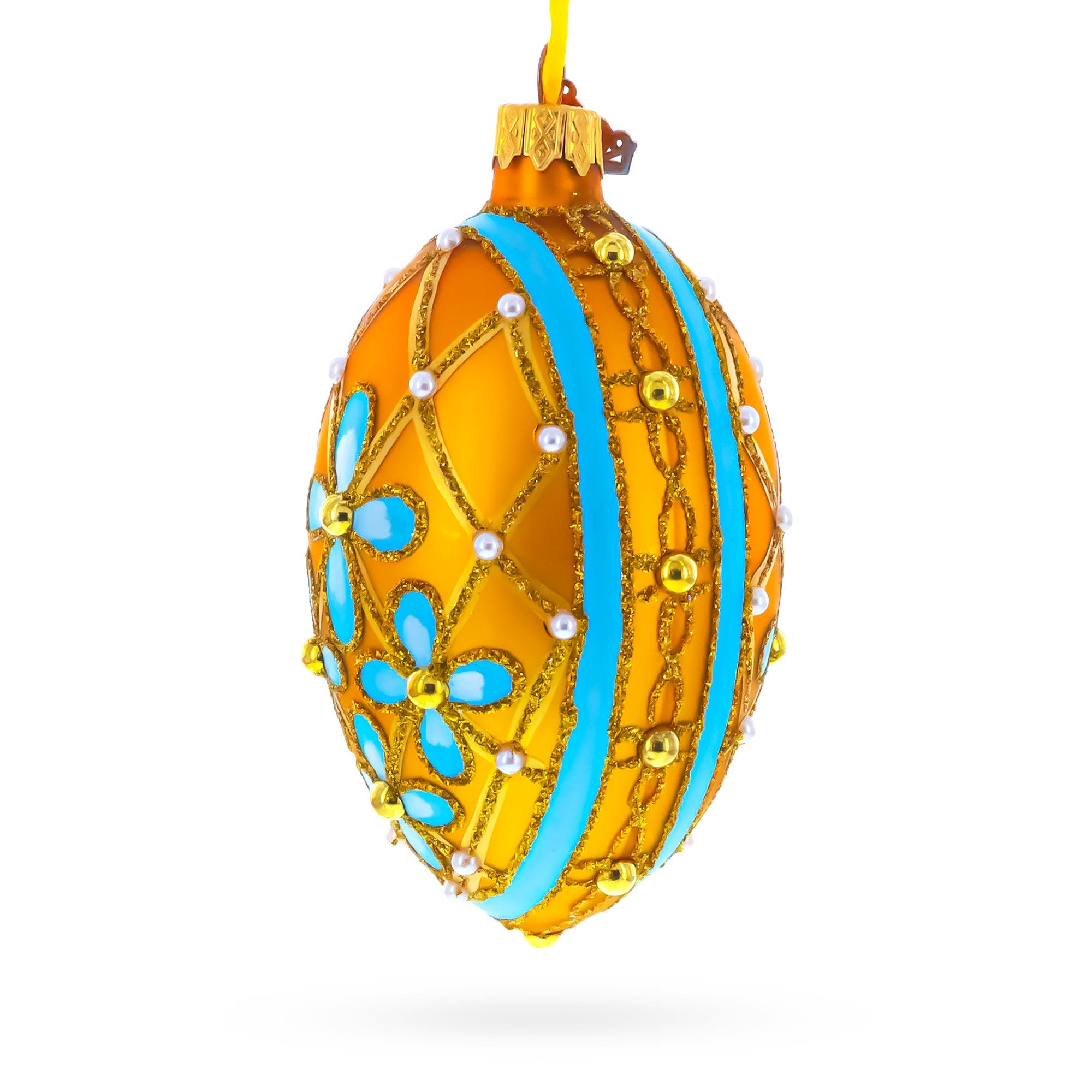 Blue Flowers on Gold Glass Egg Ornament 4 Inches