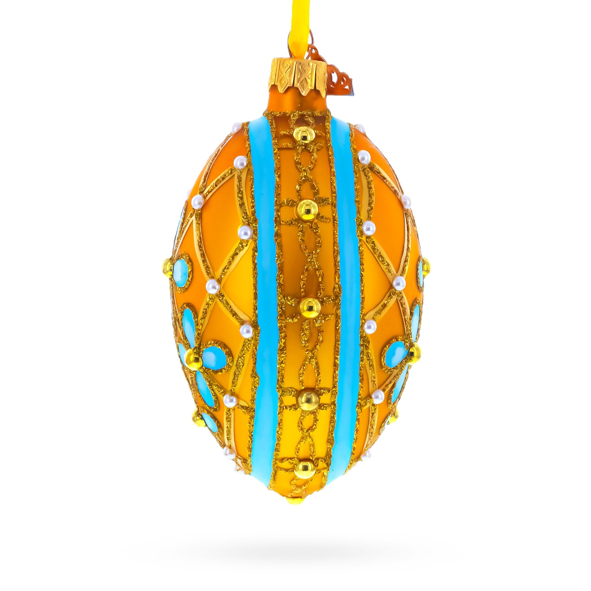 Blue Flowers on Gold Glass Egg Ornament 4 Inches