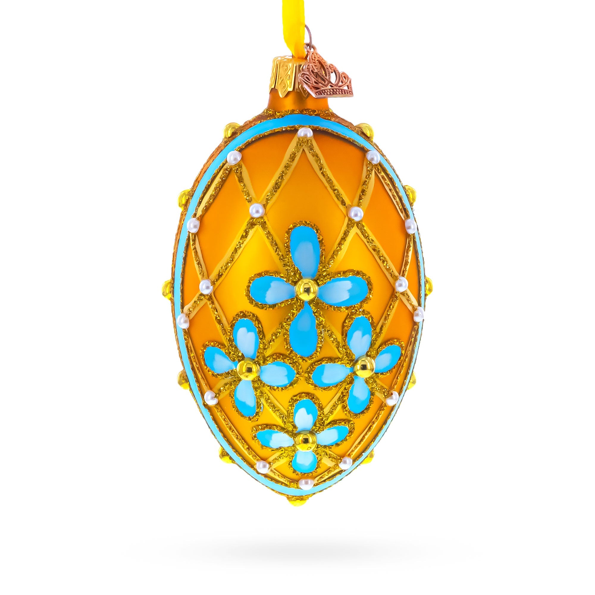 Blue Flowers on Gold Glass Egg Ornament 4 Inches