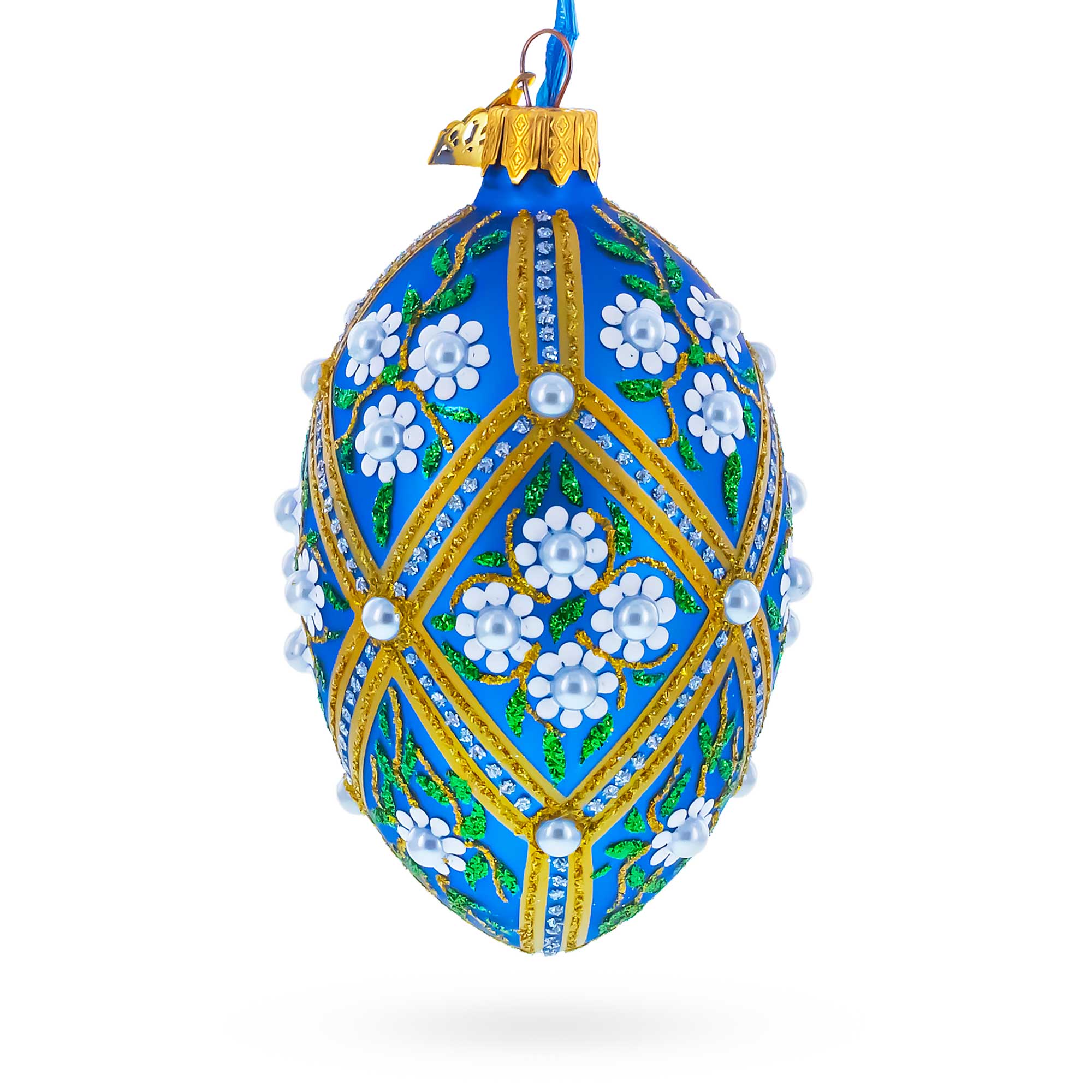 White Pearl Flowers on Blue Glass Egg Ornament 4 Inches