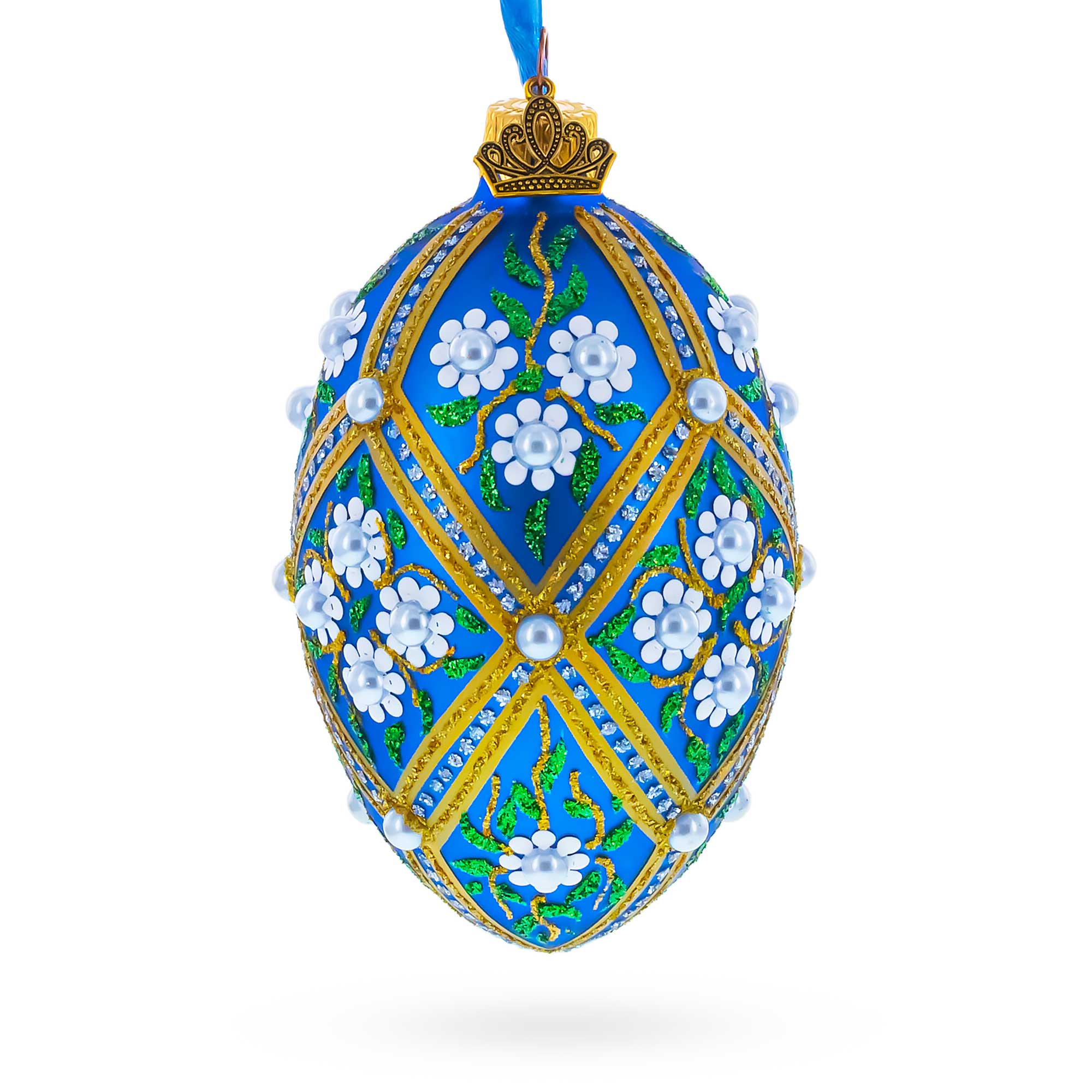White Pearl Flowers on Blue Glass Egg Ornament 4 Inches