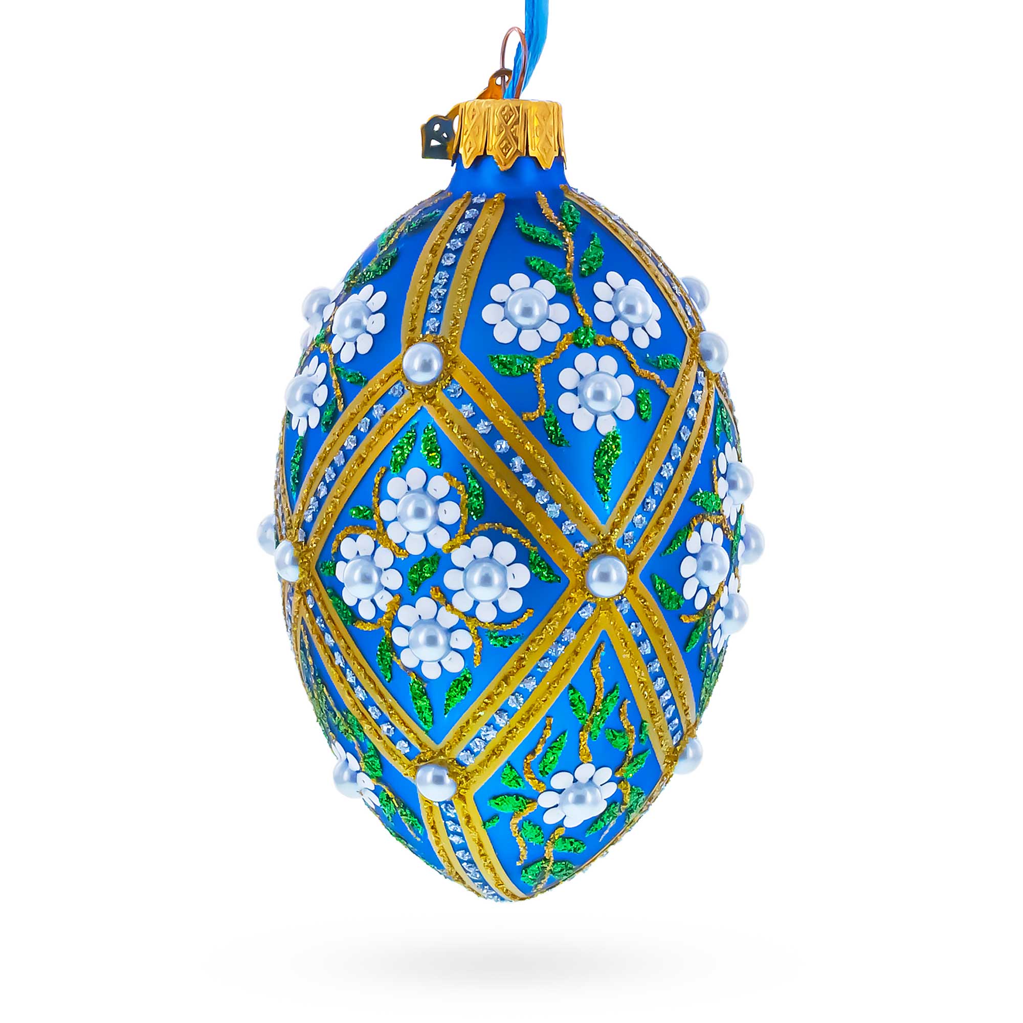 White Pearl Flowers on Blue Glass Egg Ornament 4 Inches