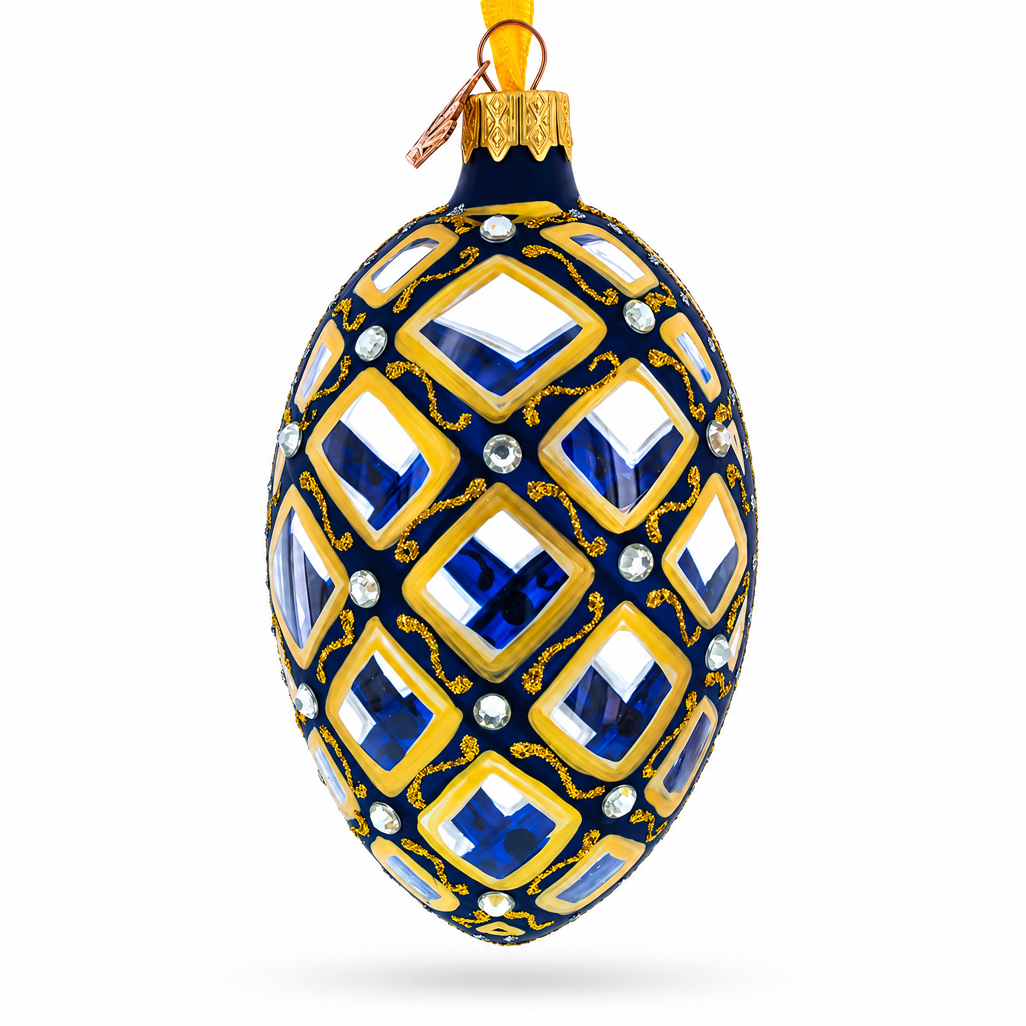 Mosaic Pattern on Blue Glass Egg Ornament 4 Inches