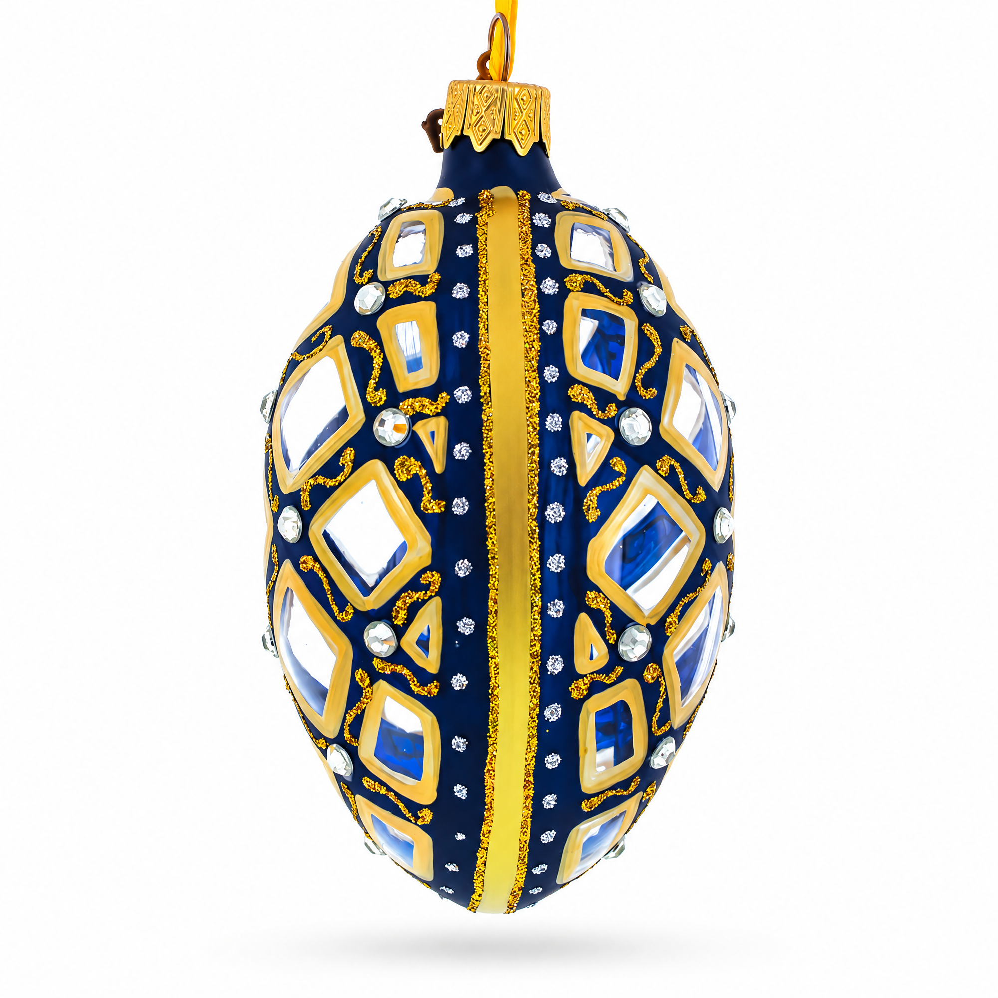Mosaic Pattern on Blue Glass Egg Ornament 4 Inches