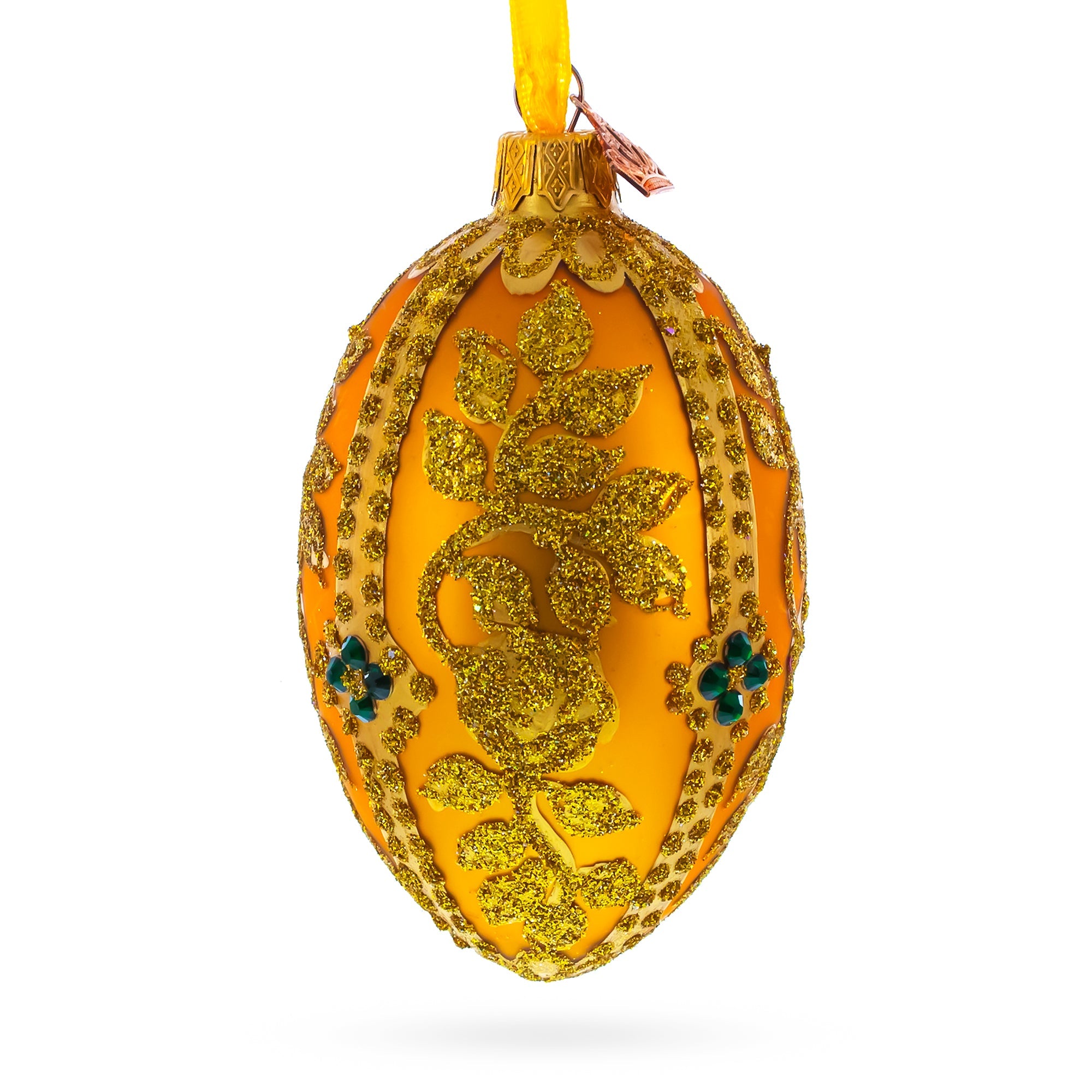 Glittered Golden Leaves Orange Glass Egg Ornament 4 Inches