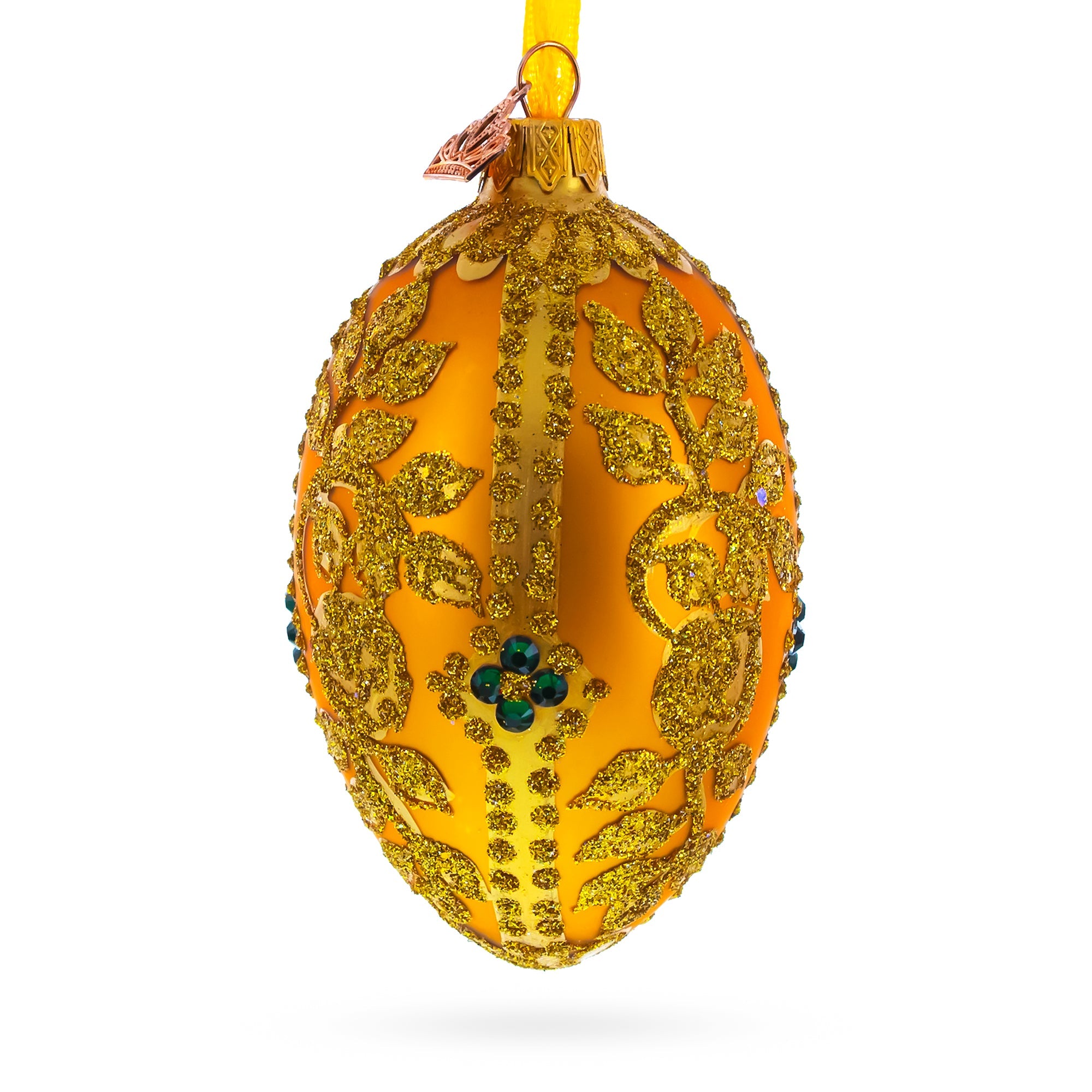 Glittered Golden Leaves Orange Glass Egg Ornament 4 Inches