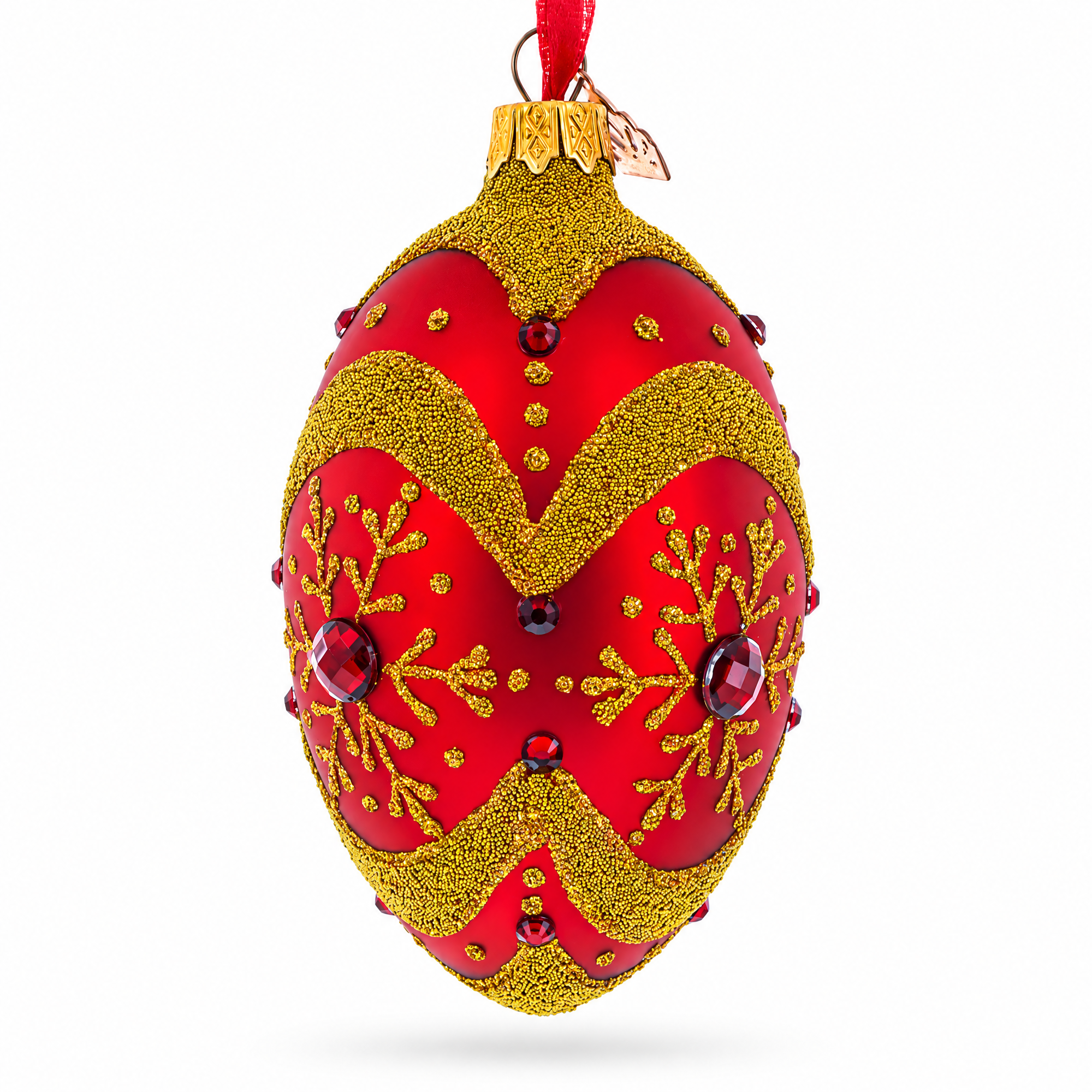 Golden Snowflake on Red Glass Egg Ornament 4 Inches