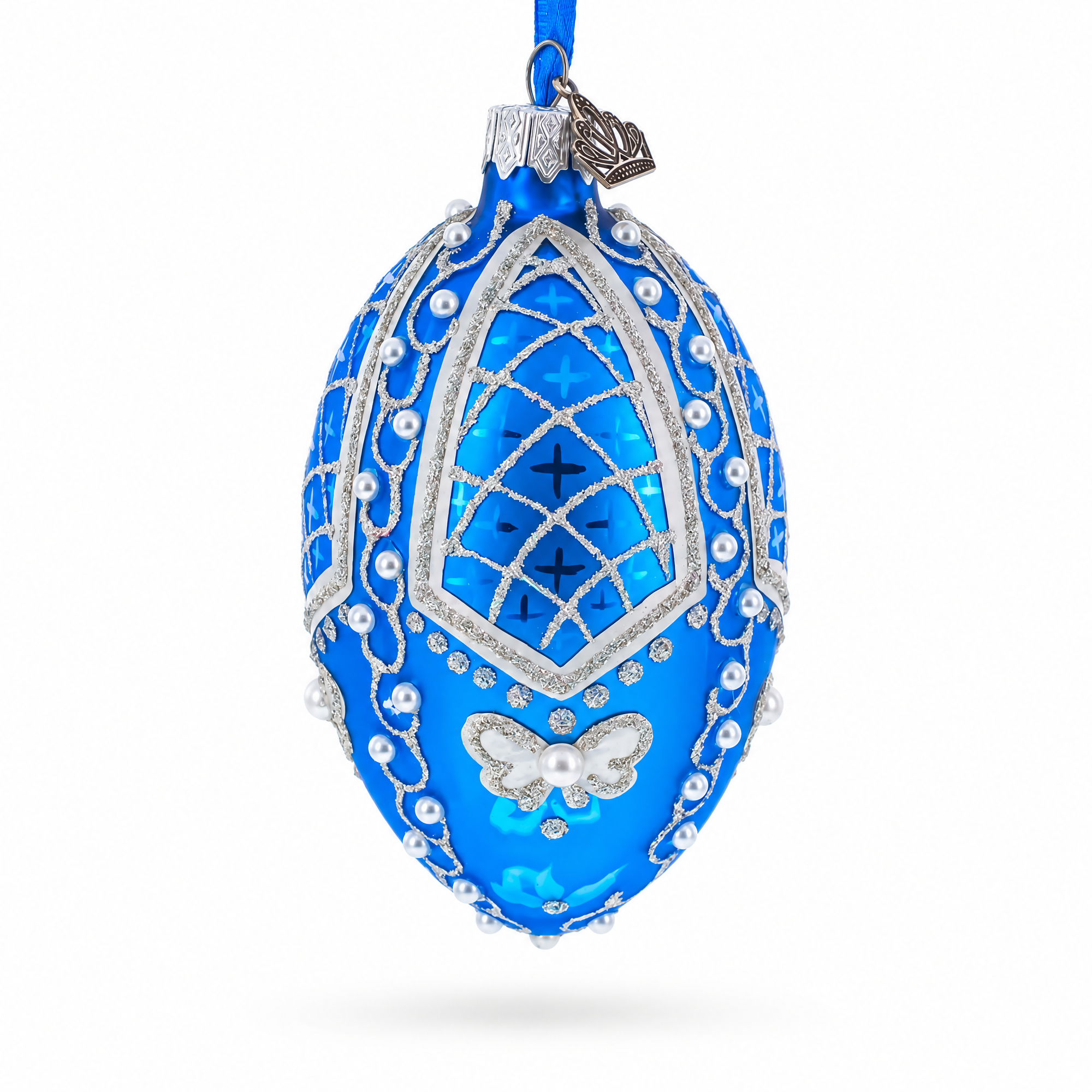 Pearls on Blue Glass Egg Ornament 4 Inches