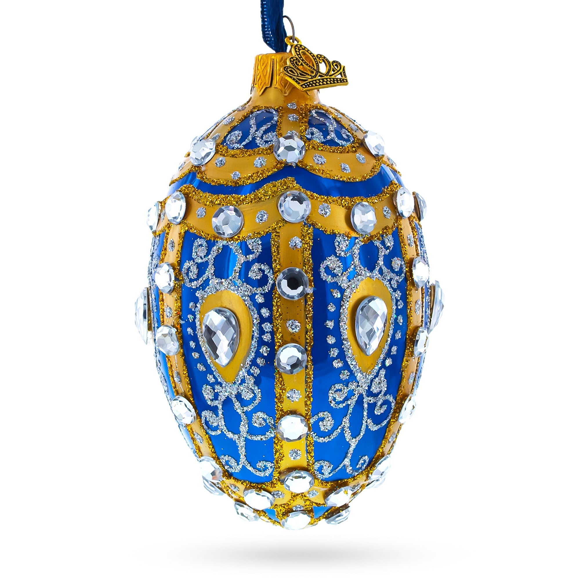 White Scrolls on Blue Glass Egg Ornament 4 Inches