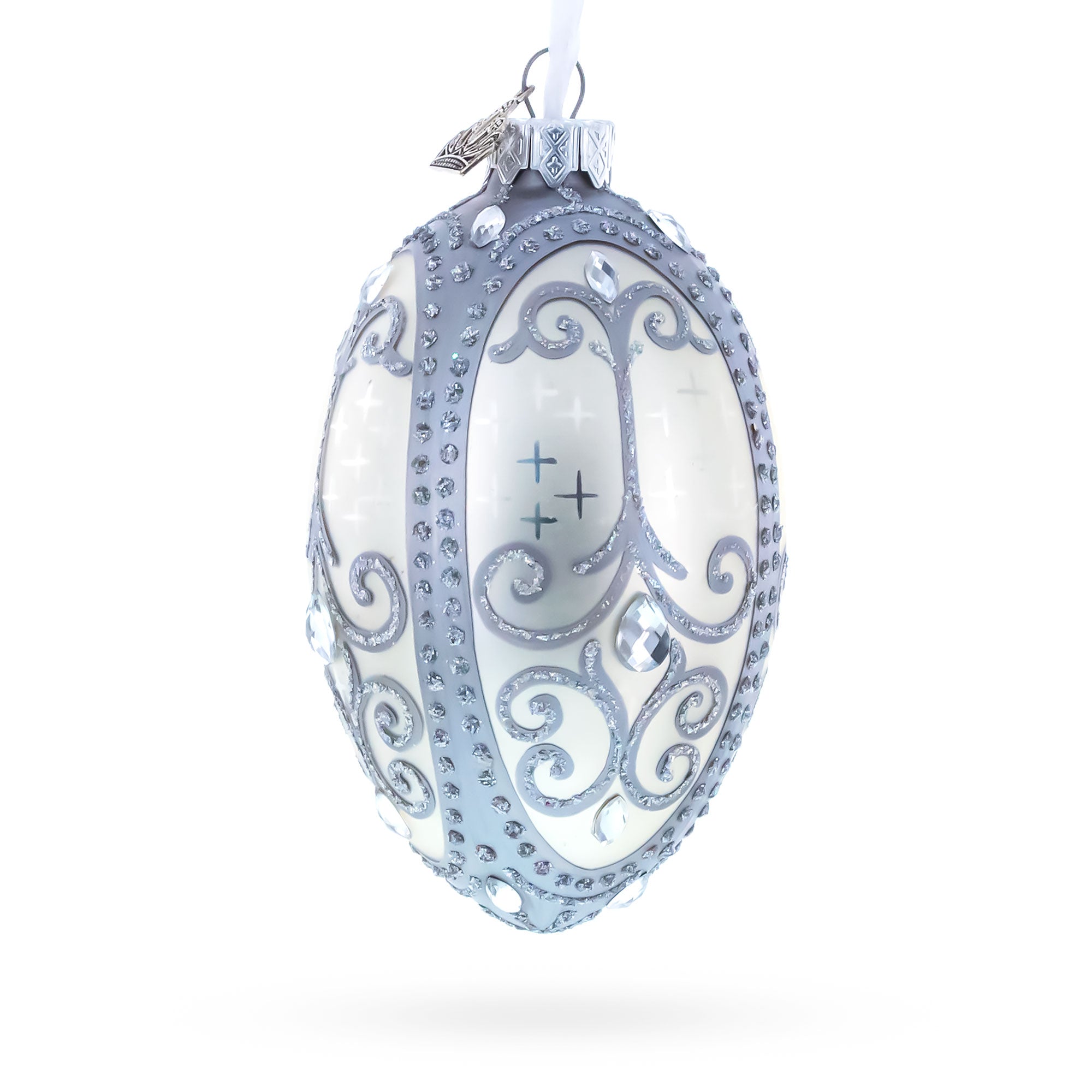 Silver Scrolls on White Glass Egg Ornament 4 Inches