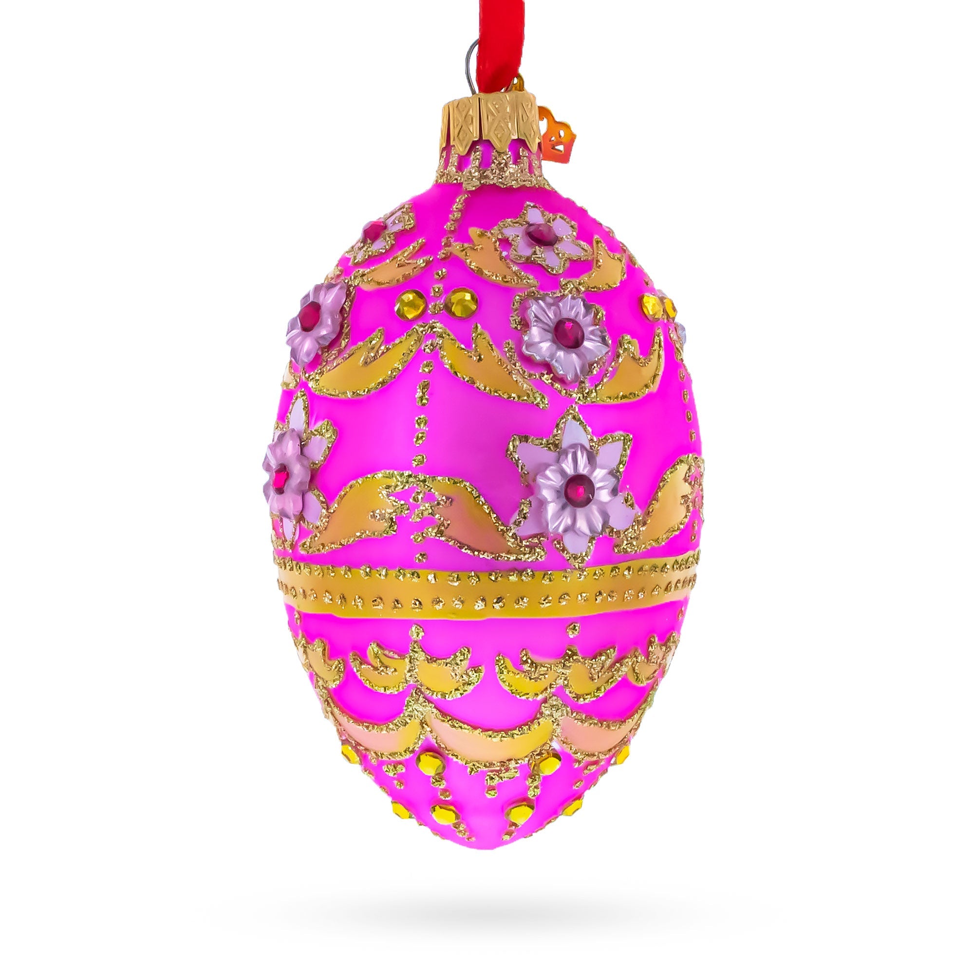Jeweled Flowers on Pink Glass Egg Ornament 4 Inches