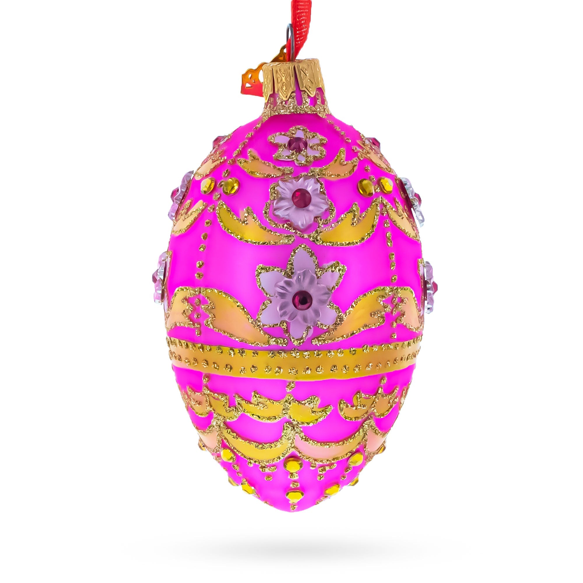 Jeweled Flowers on Pink Glass Egg Ornament 4 Inches