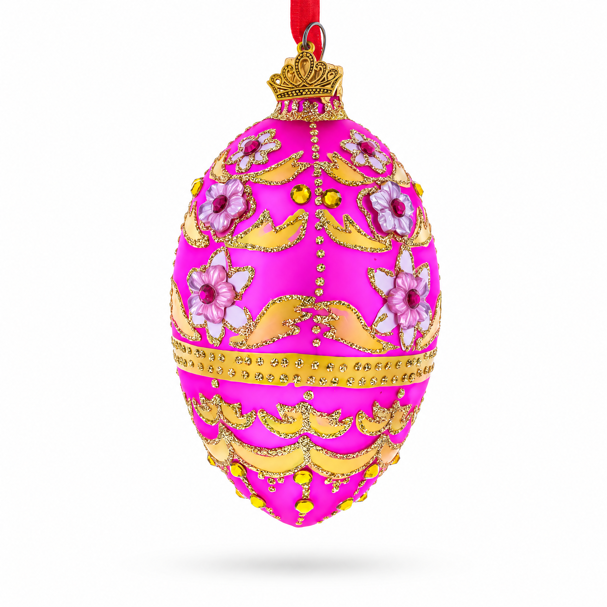 Jeweled Flowers on Pink Glass Egg Ornament 4 Inches