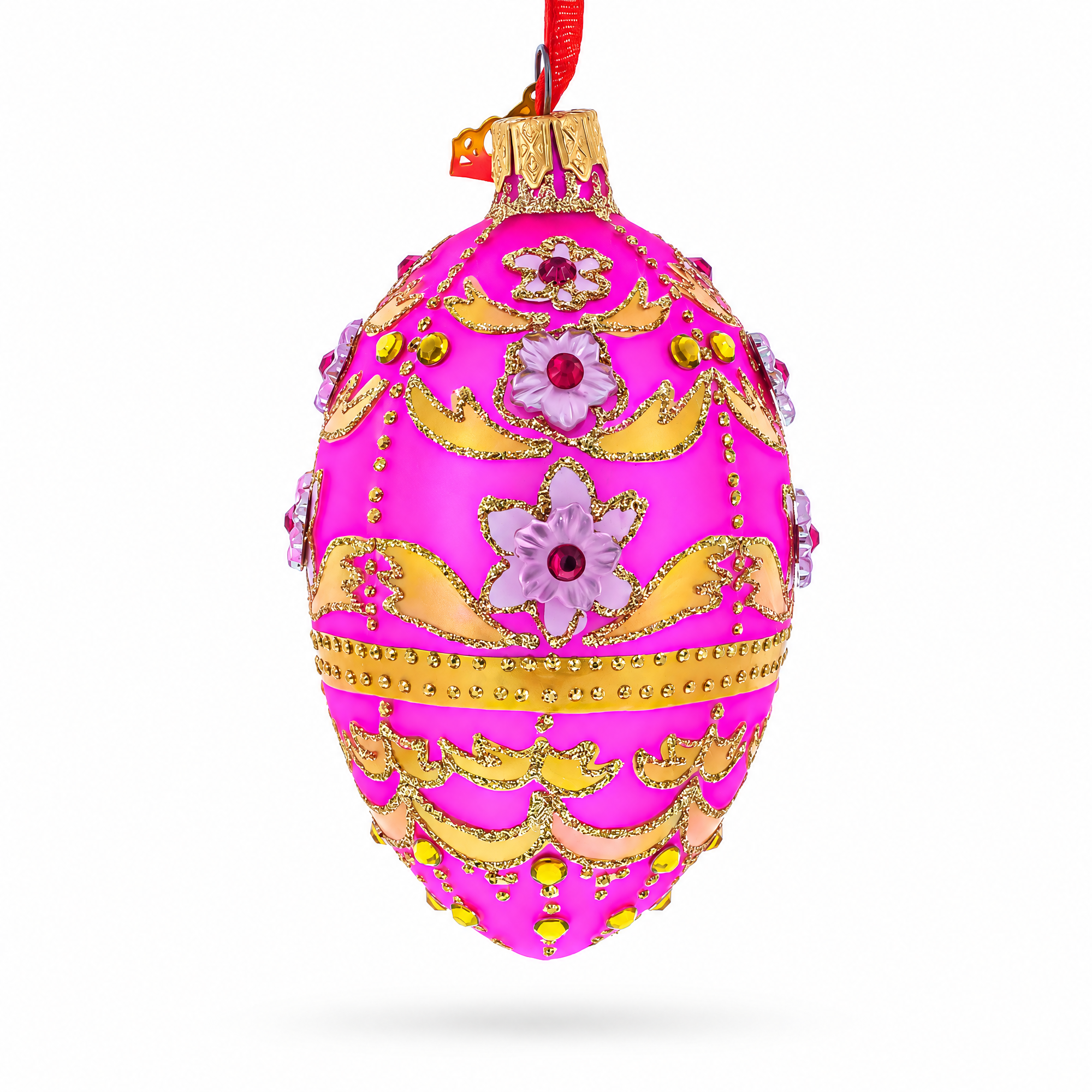 Jeweled Flowers on Pink Glass Egg Ornament 4 Inches