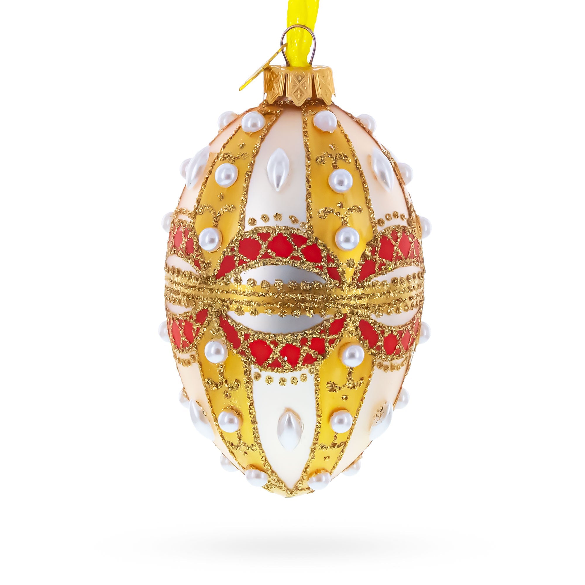 Pearls on Gold and White Glass Egg Ornament 4 Inches