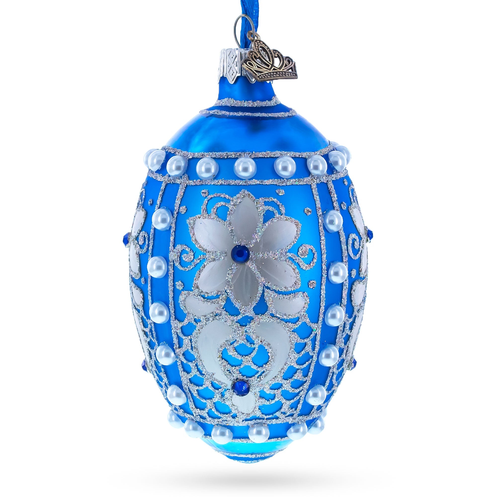 Pearls on Blue Glass Egg Ornament 4 Inches
