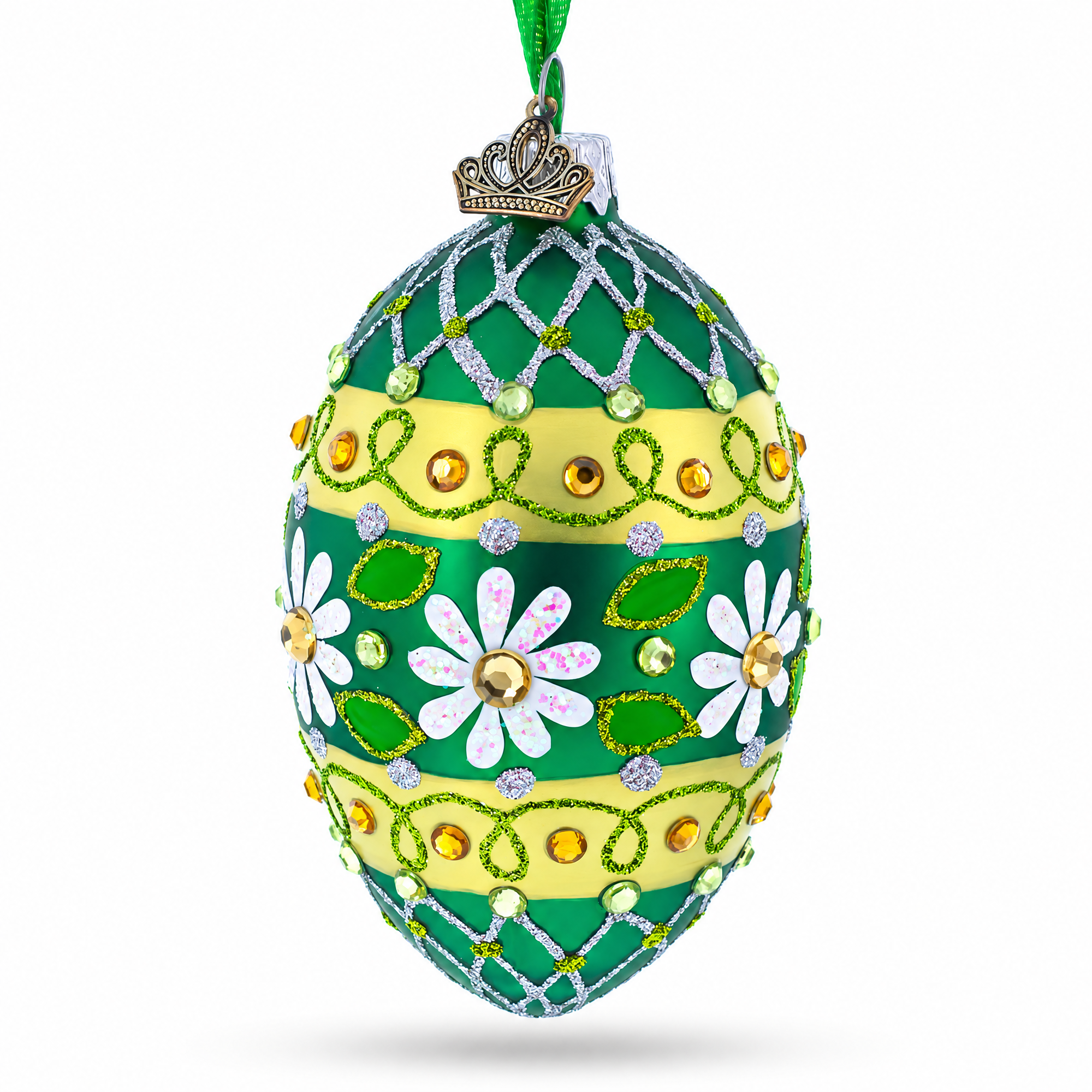 Daisies on Green Glass Egg Ornament 4 Inches