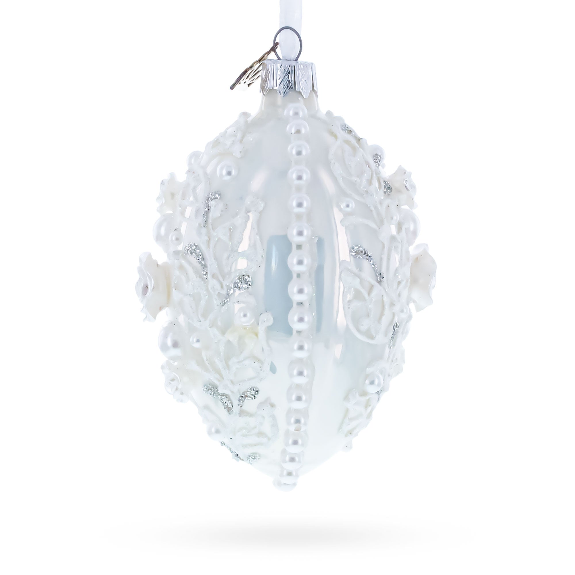 3D Pearl Roses Glass Egg Ornament 4 Inches
