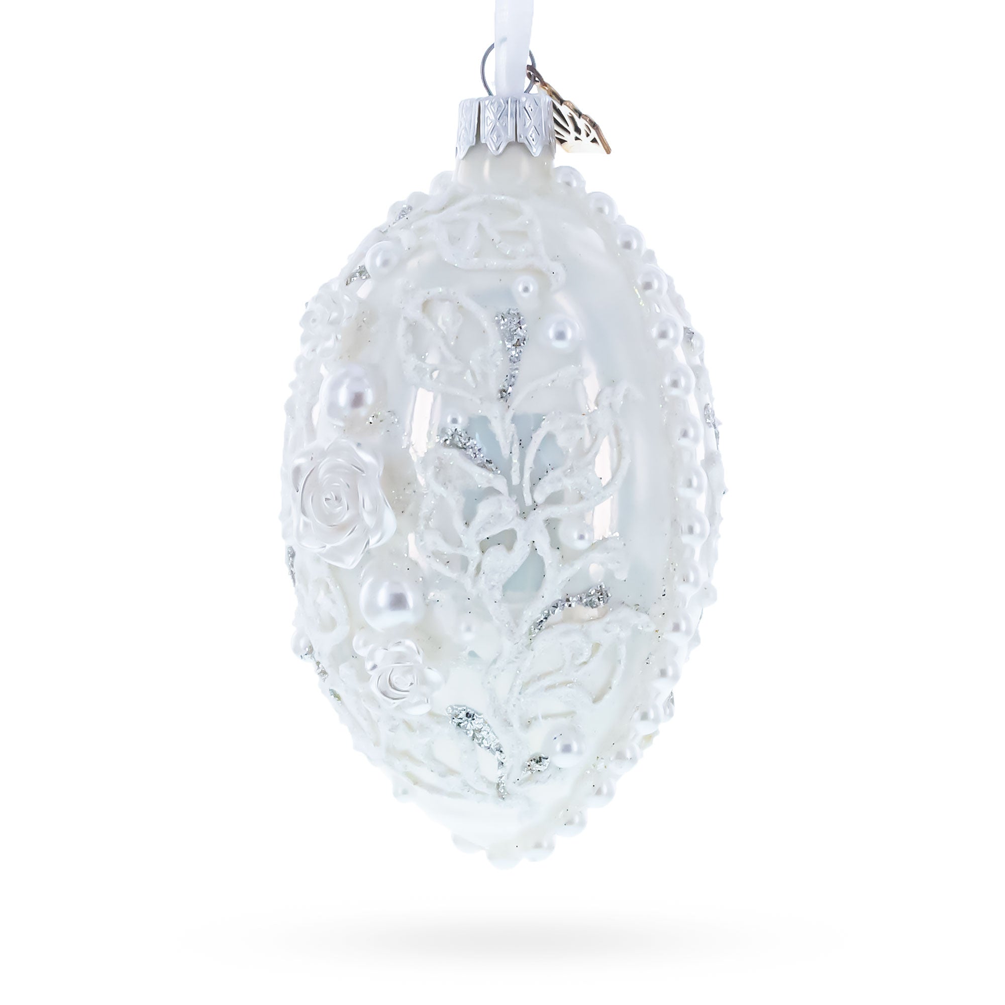 3D Pearl Roses Glass Egg Ornament 4 Inches