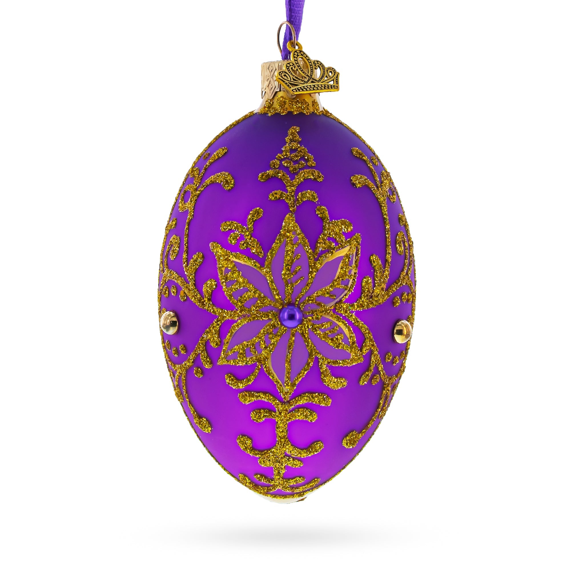 Golden Swirls on Purple Glass Egg Ornament 4 Inches