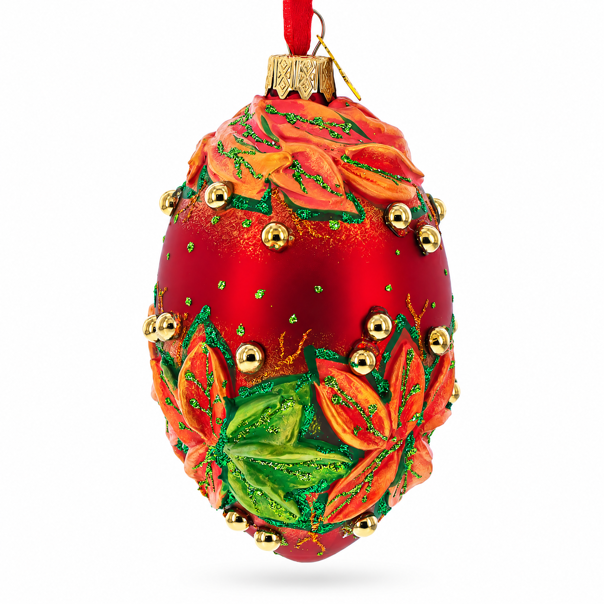 Red and Green Leaves on Red Glass Egg Ornament 4 Inches