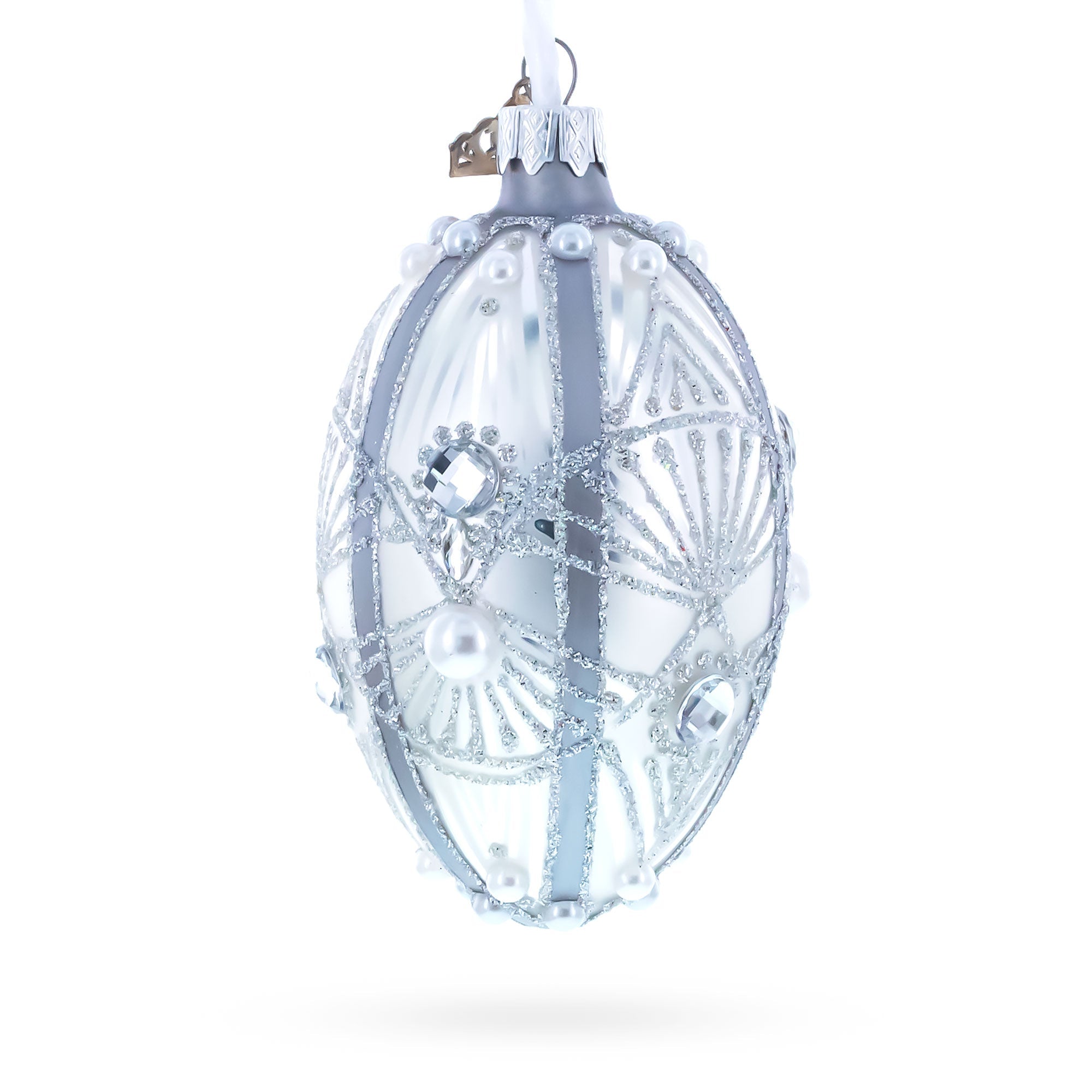 Diamonds on Silver Glass Egg Ornament 4 Inches