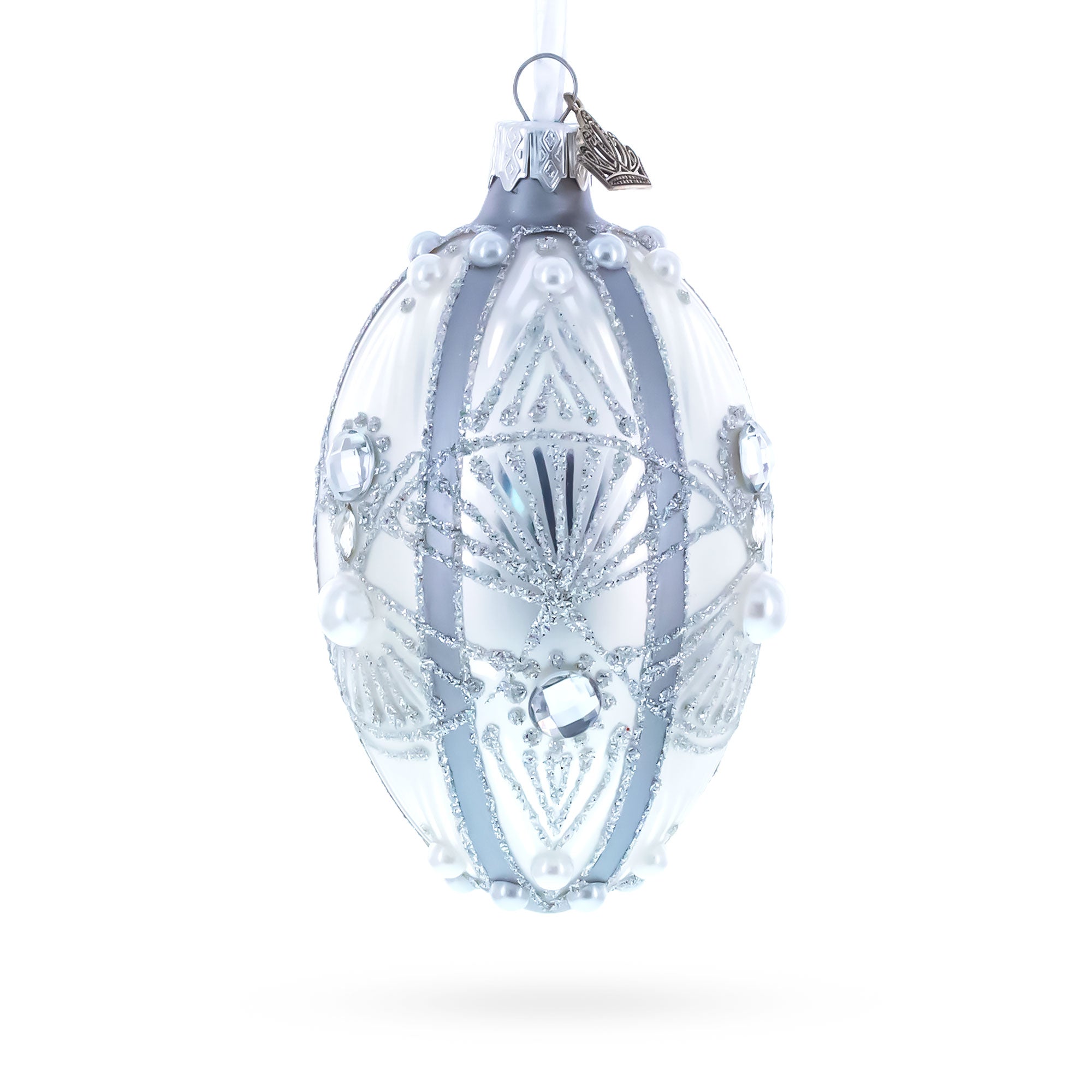 Diamonds on Silver Glass Egg Ornament 4 Inches