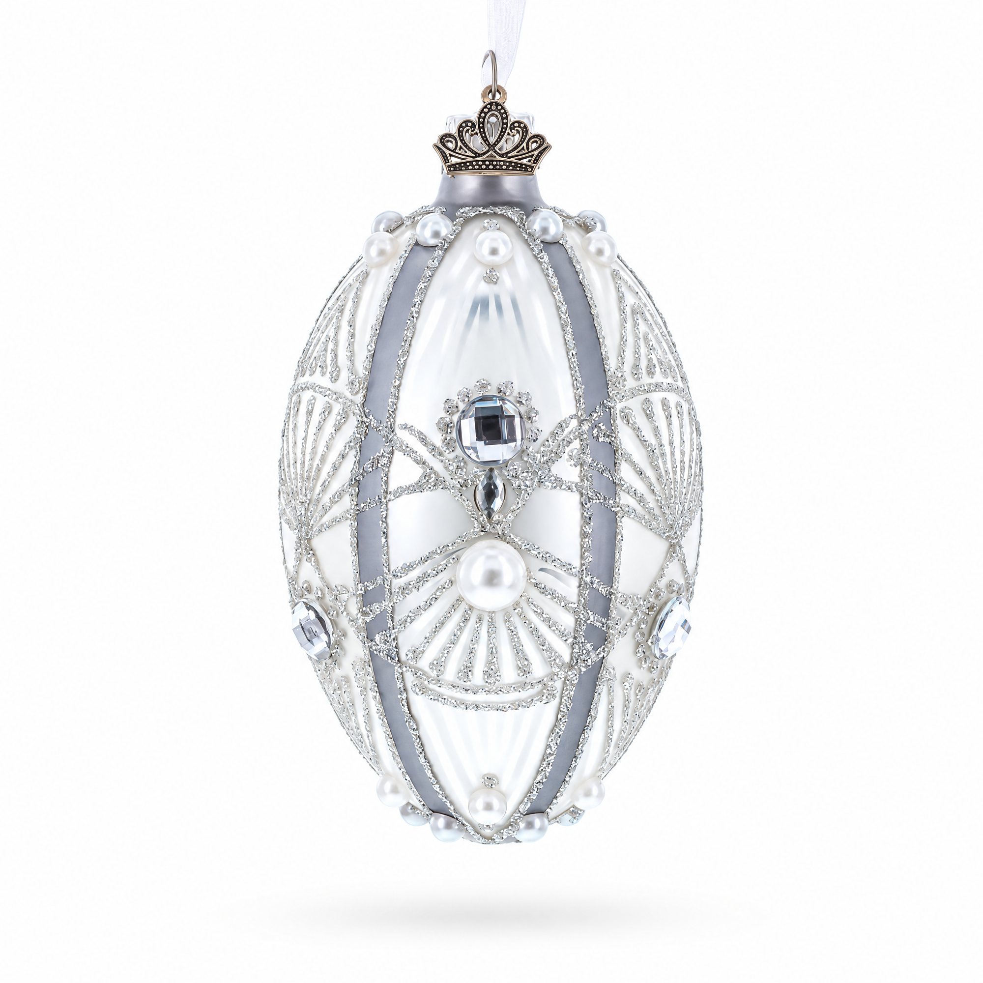 Diamonds on Silver Glass Egg Ornament 4 Inches