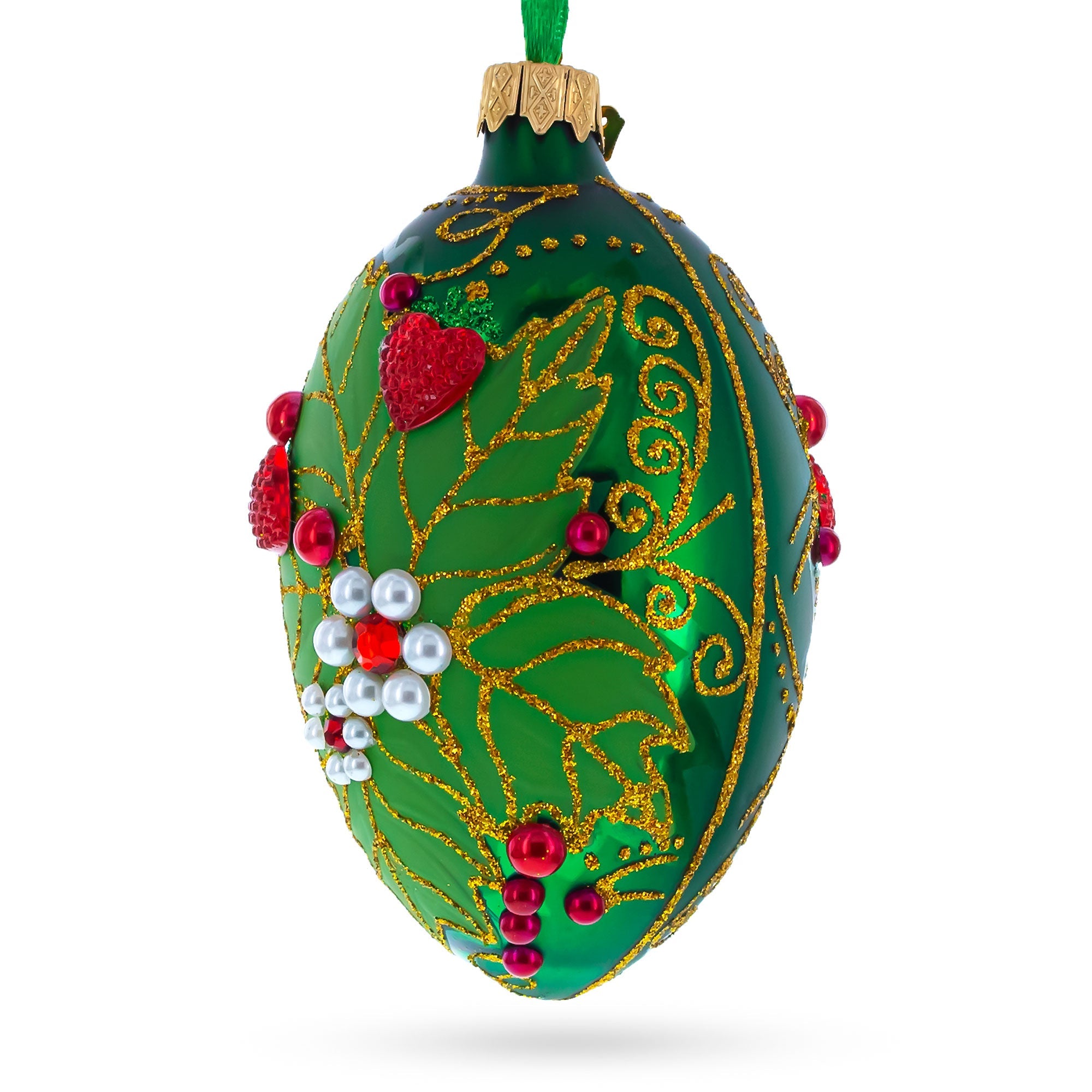 Pearl on Green Leaves Glass Egg Ornament 4 Inches