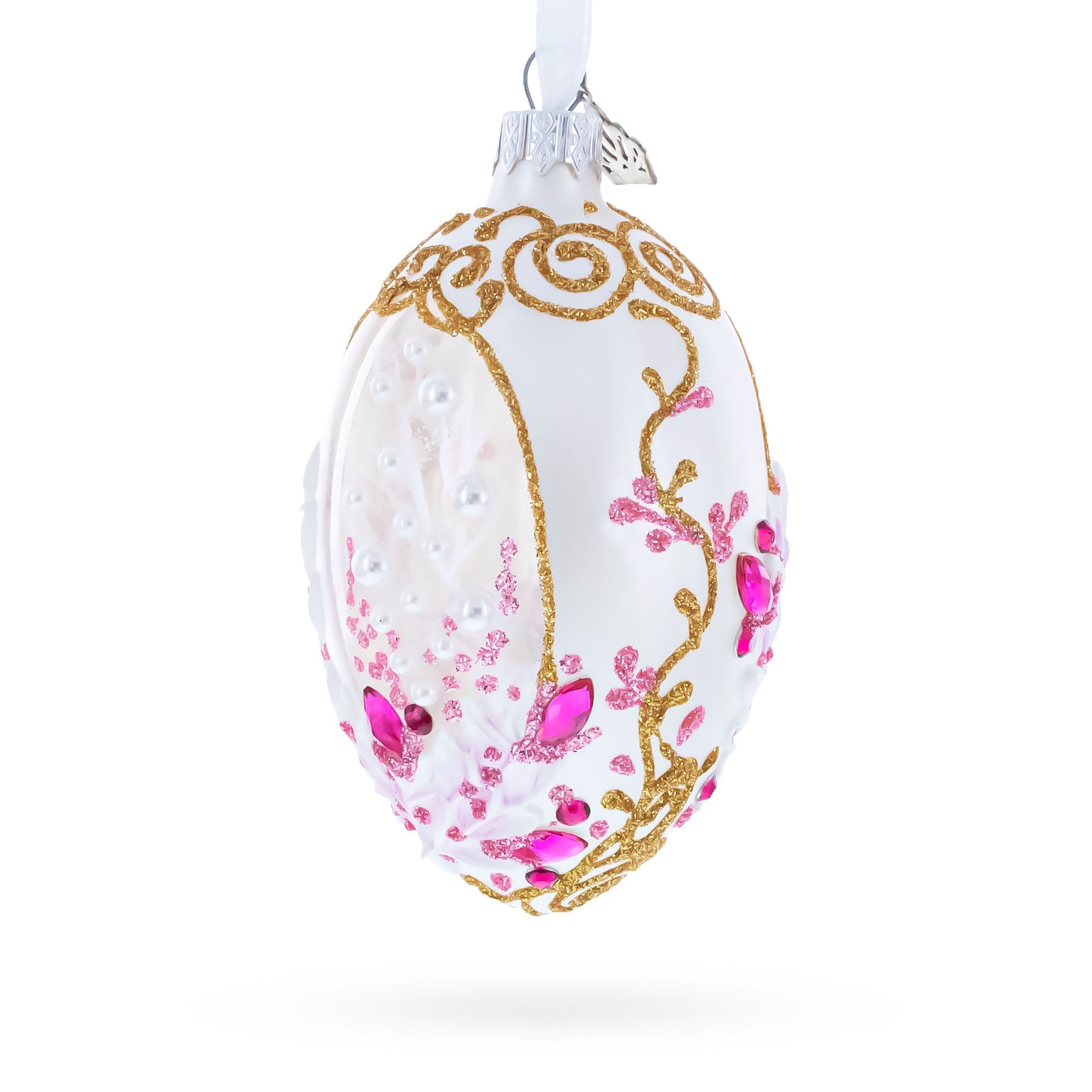 Pink Pearls on Clear Glass Egg Ornament 4 Inches