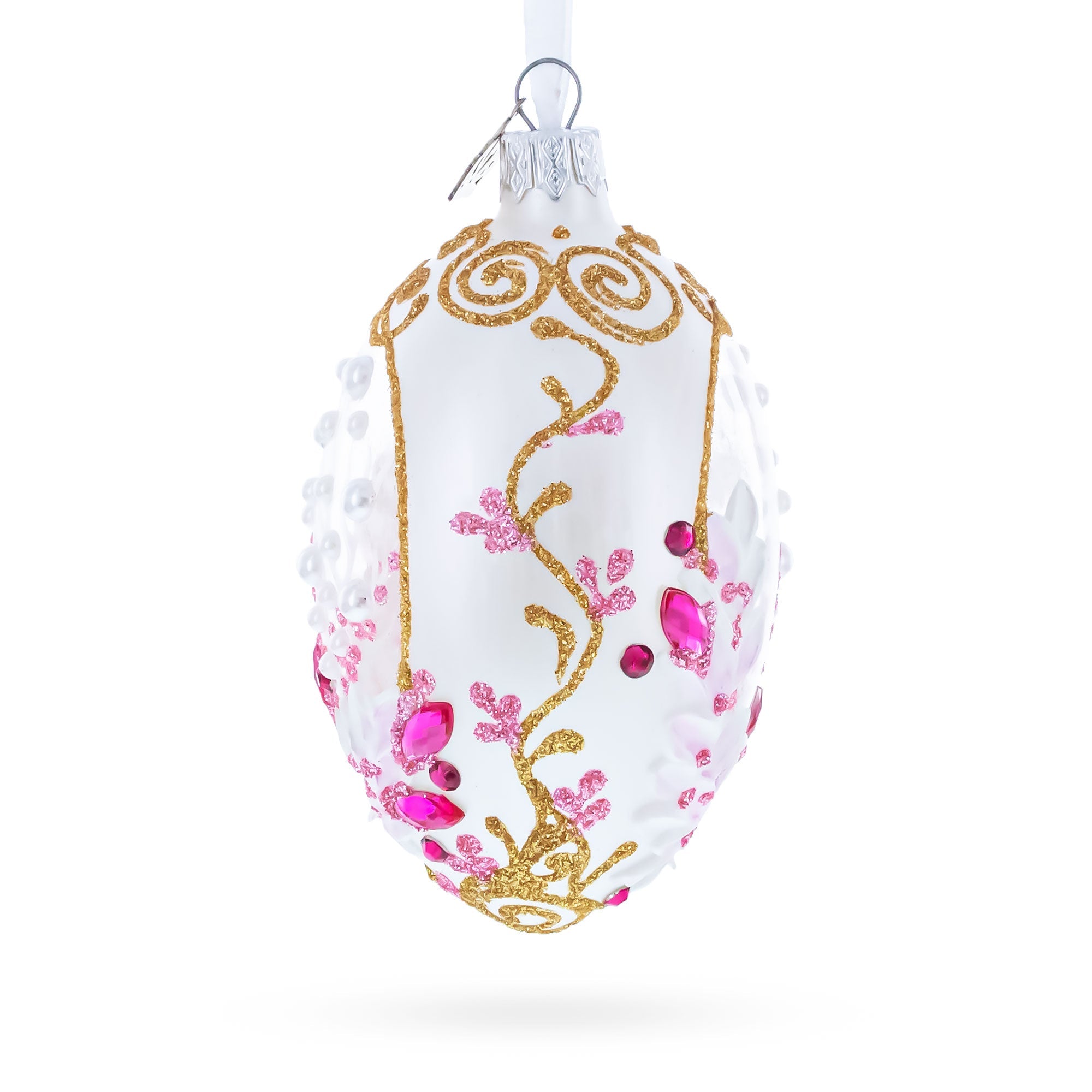 Pink Pearls on Clear Glass Egg Ornament 4 Inches
