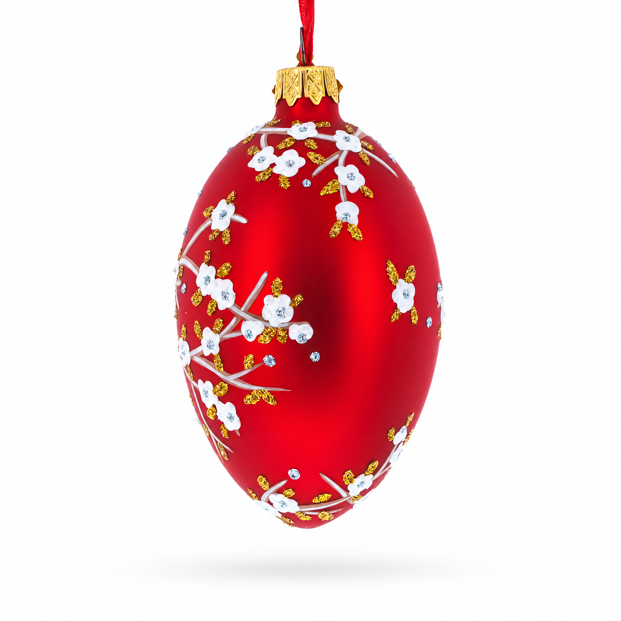 1901 Kelch Apple Blossom on Red Royal Egg Glass Ornament 4 Inches