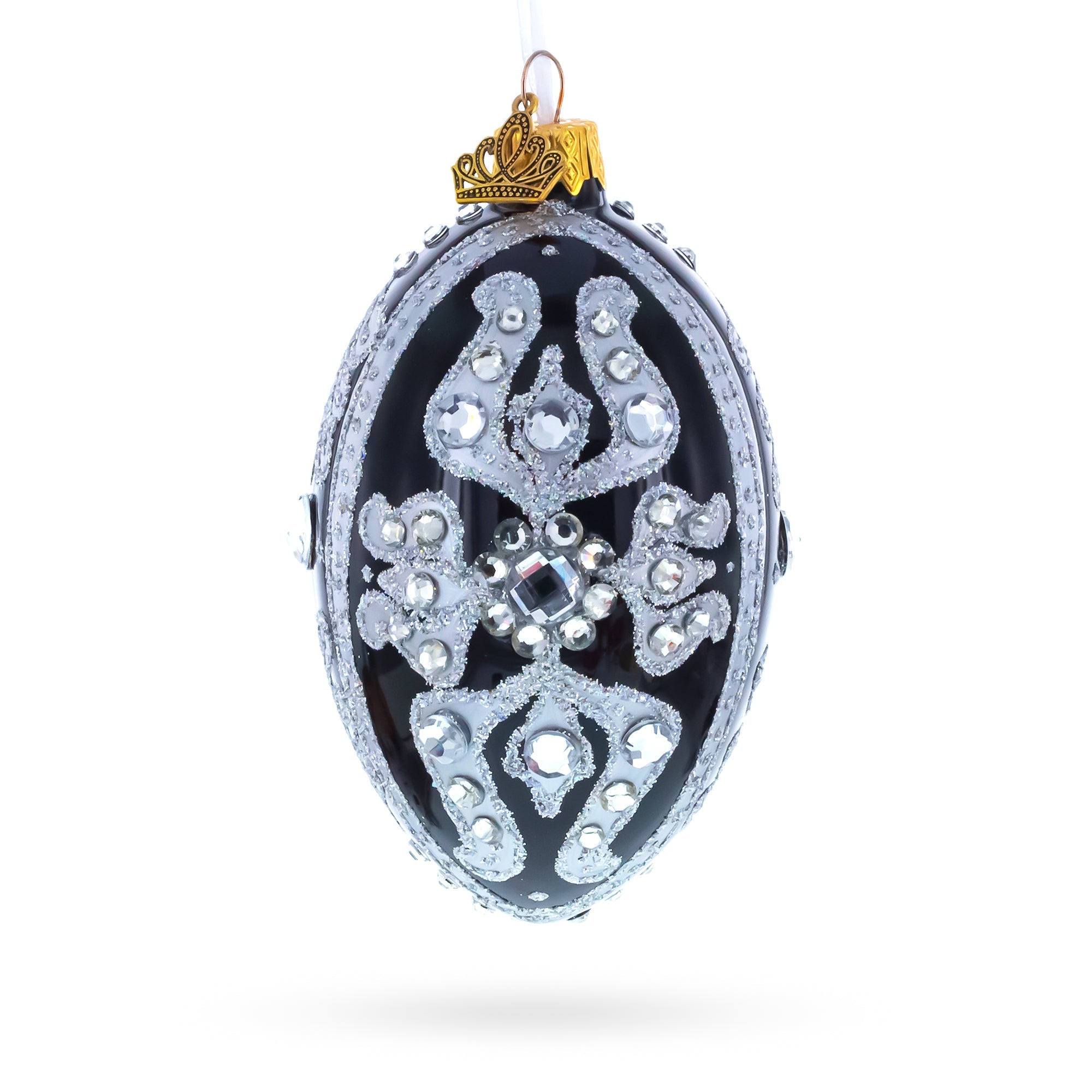 Silver and Crystal Floral Pattern on Black Glass Egg Ornament 4 Inches