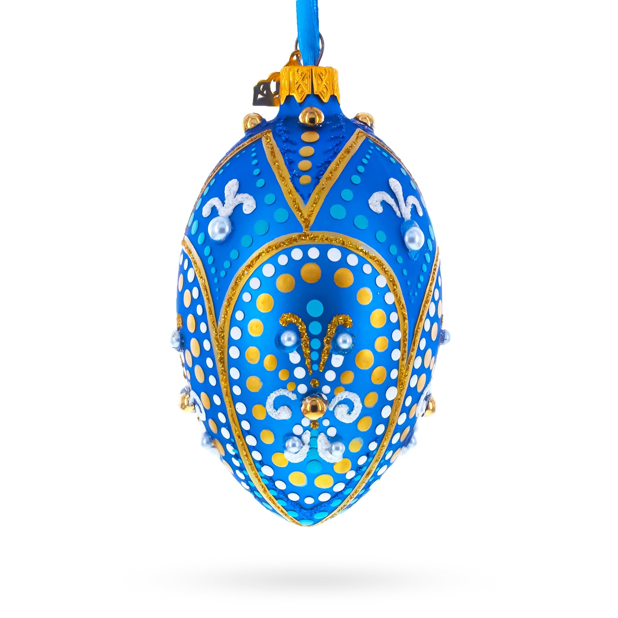 Royal Blue and Gold Festive Design Glass Egg Ornament 4 Inches