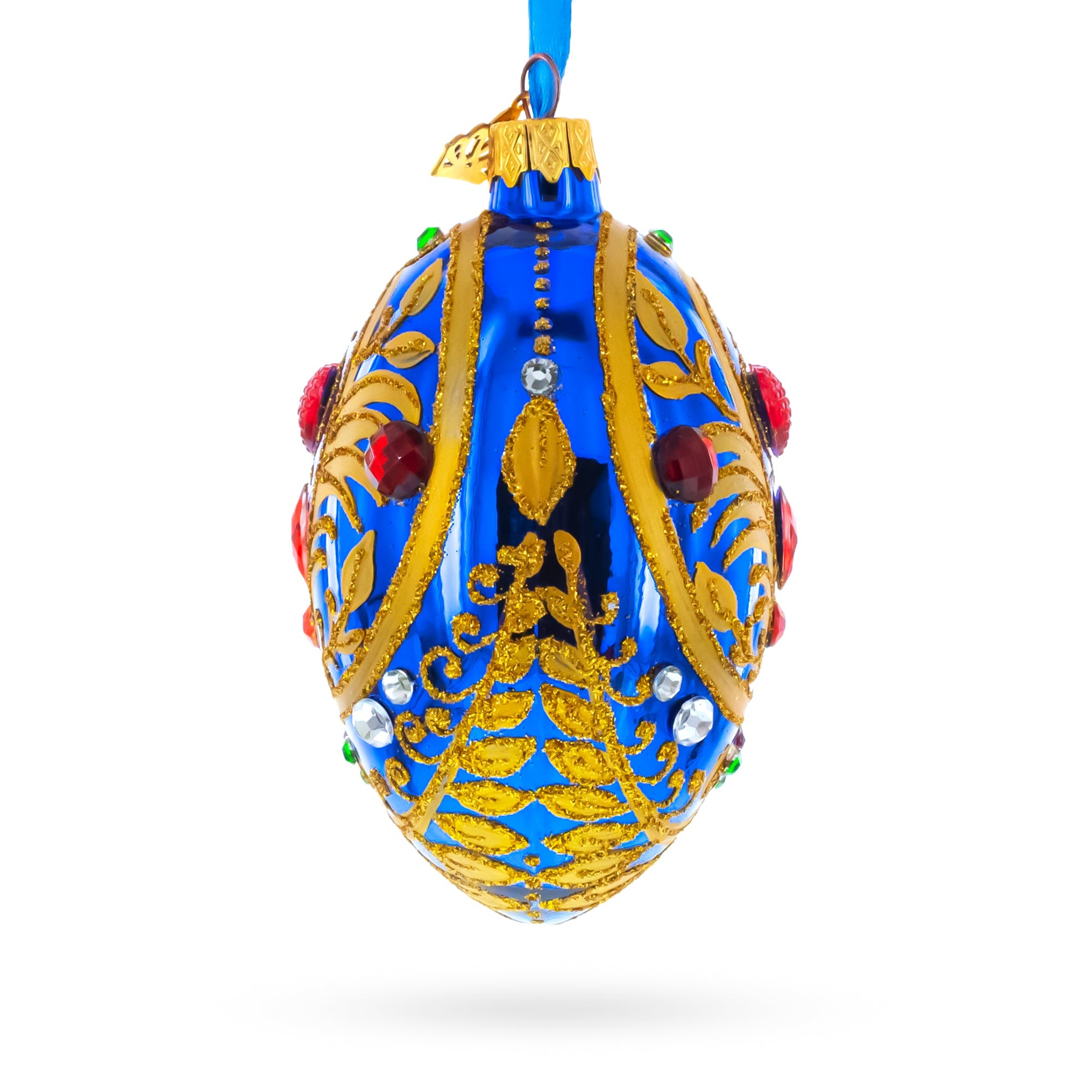 Royal Blue Regal Heart and Gemstones Embellished Glass Egg Ornament 4 Inches