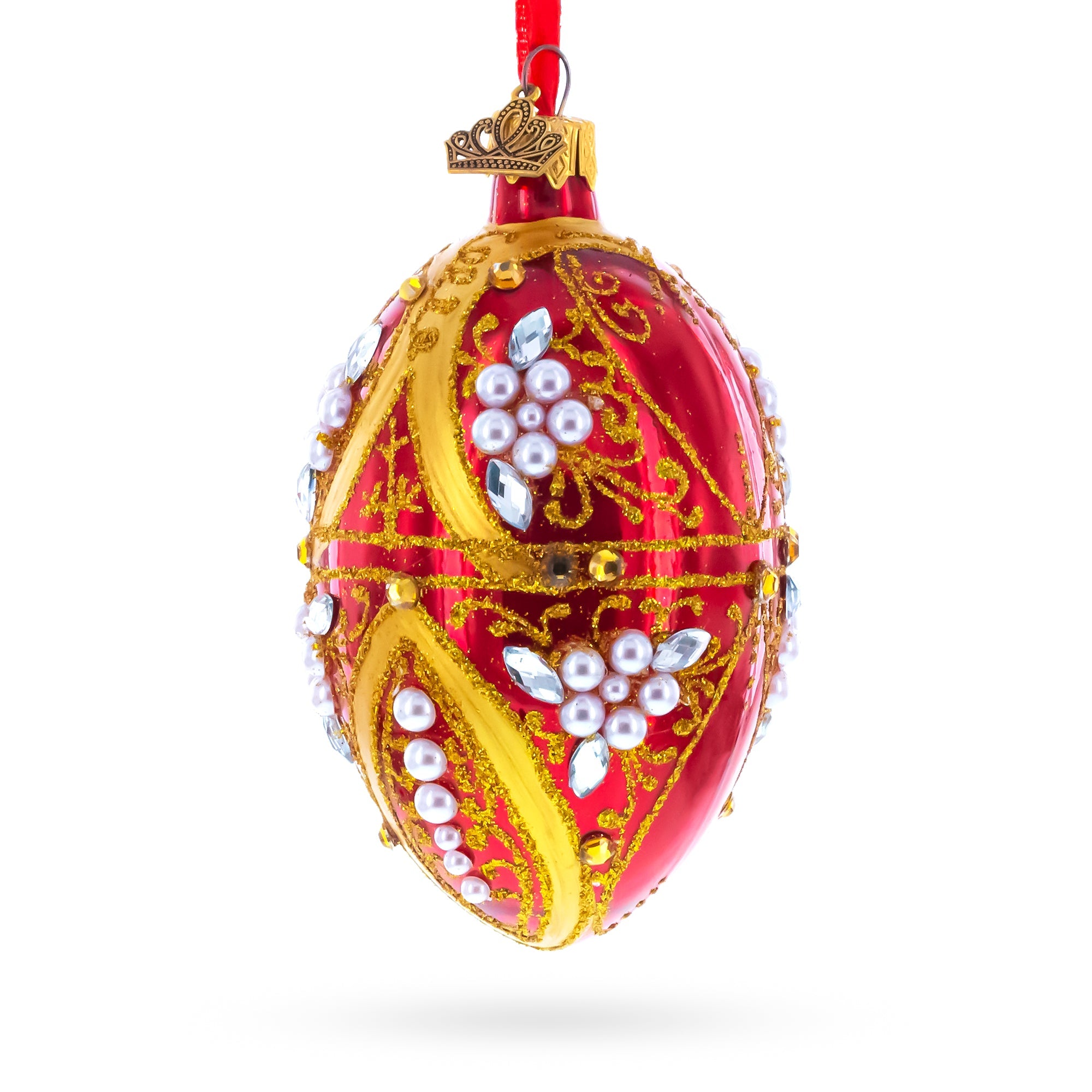 Regal Red and Gold Filigree with Pearls Glass Egg Ornament 4 Inches