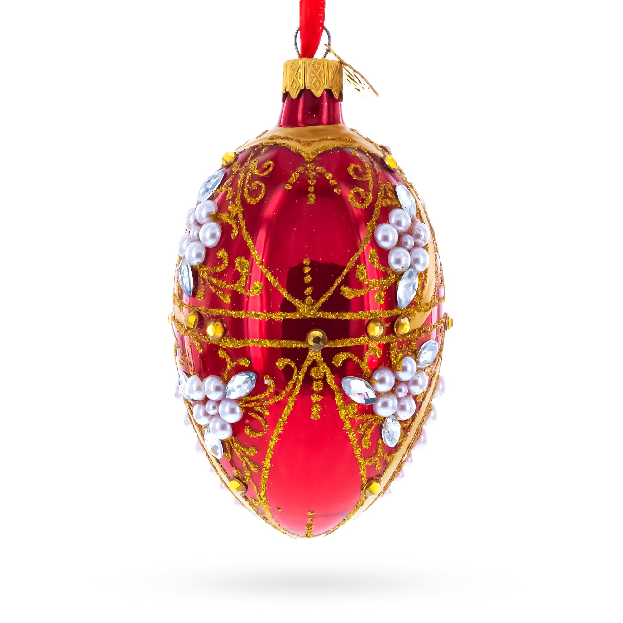 Regal Red and Gold Filigree with Pearls Glass Egg Ornament 4 Inches