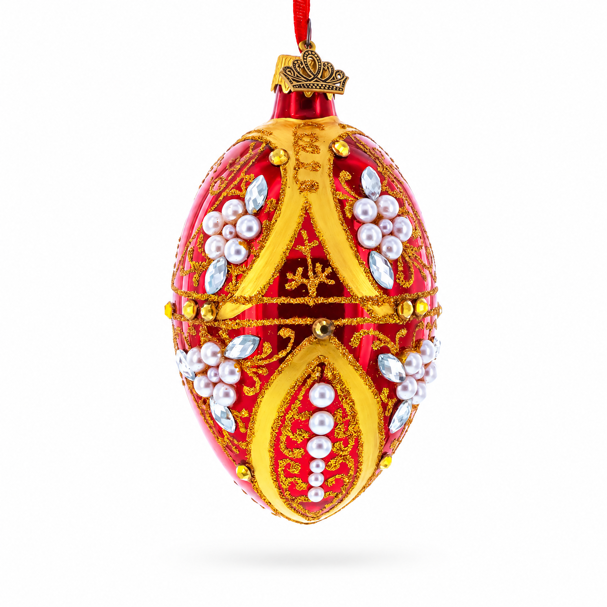 Regal Red and Gold Filigree with Pearls Glass Egg Ornament 4 Inches