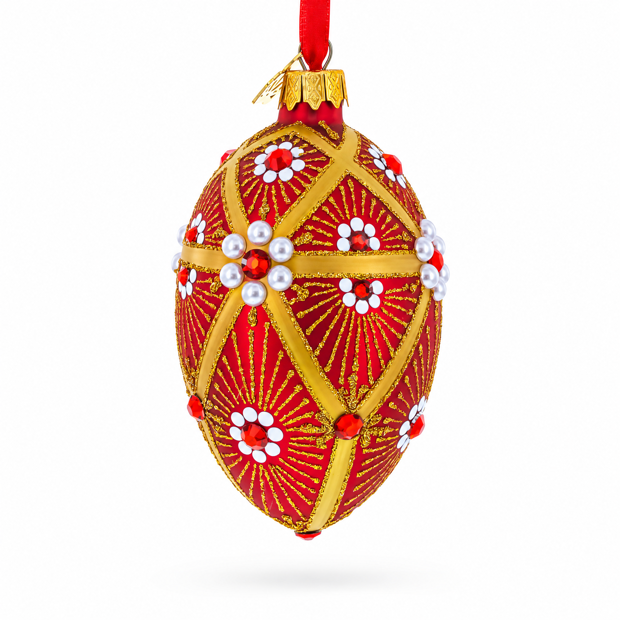 Red and Gold Floral Bejeweled Glass Egg Ornament 4 Inches