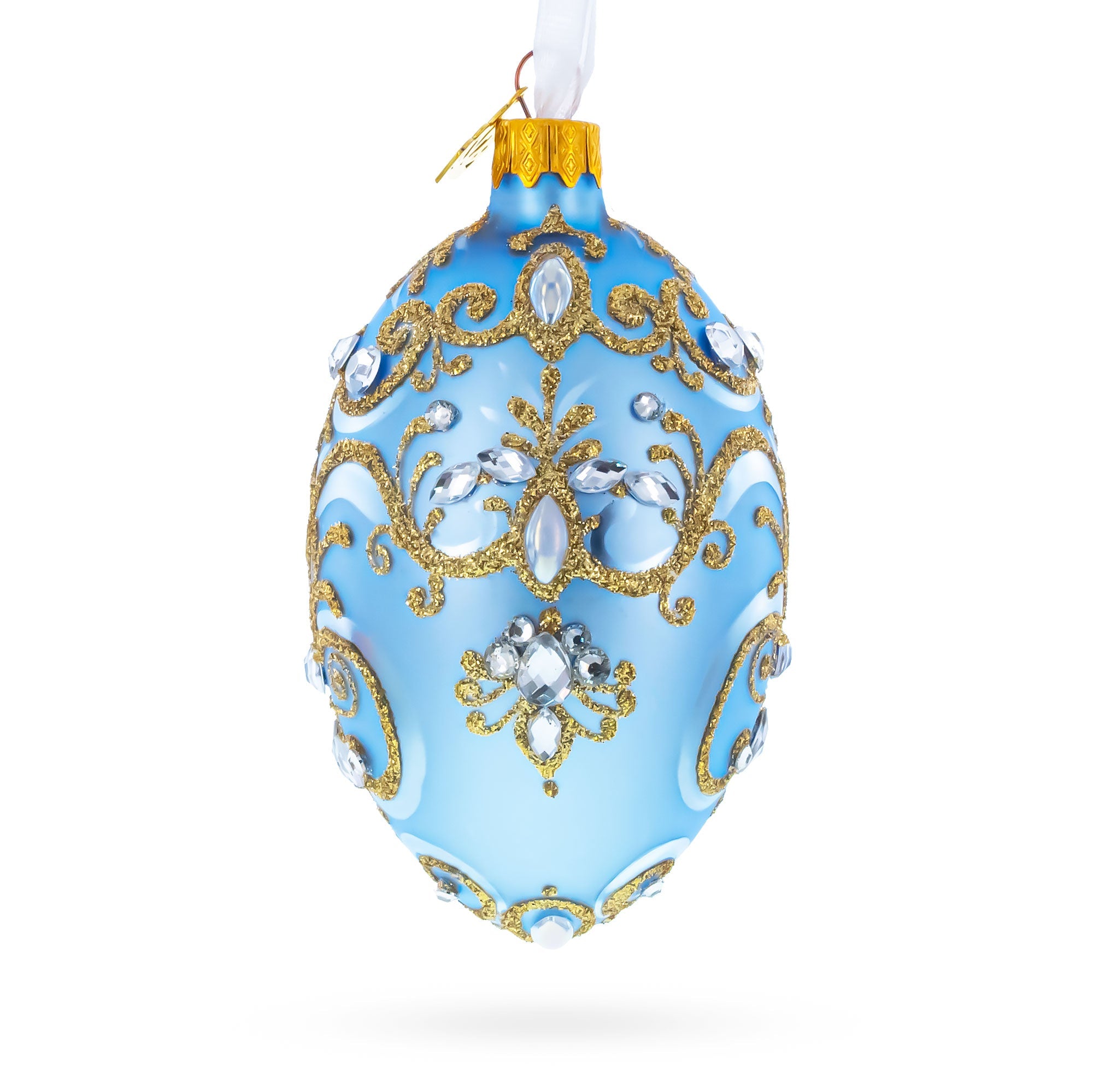 Elegant Blue and Gold Jeweled Glass Egg Ornament 4 Inches