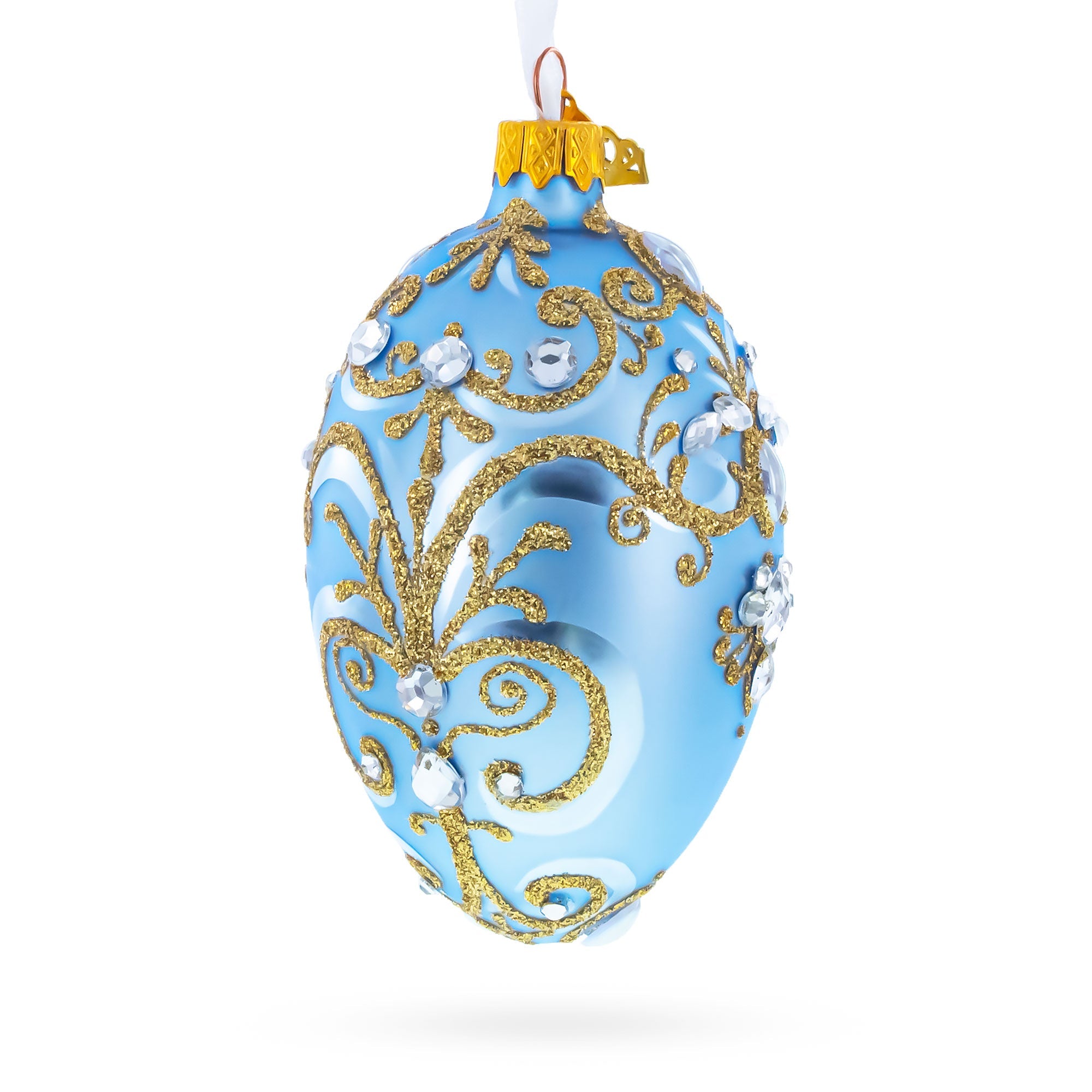 Elegant Blue and Gold Jeweled Glass Egg Ornament 4 Inches