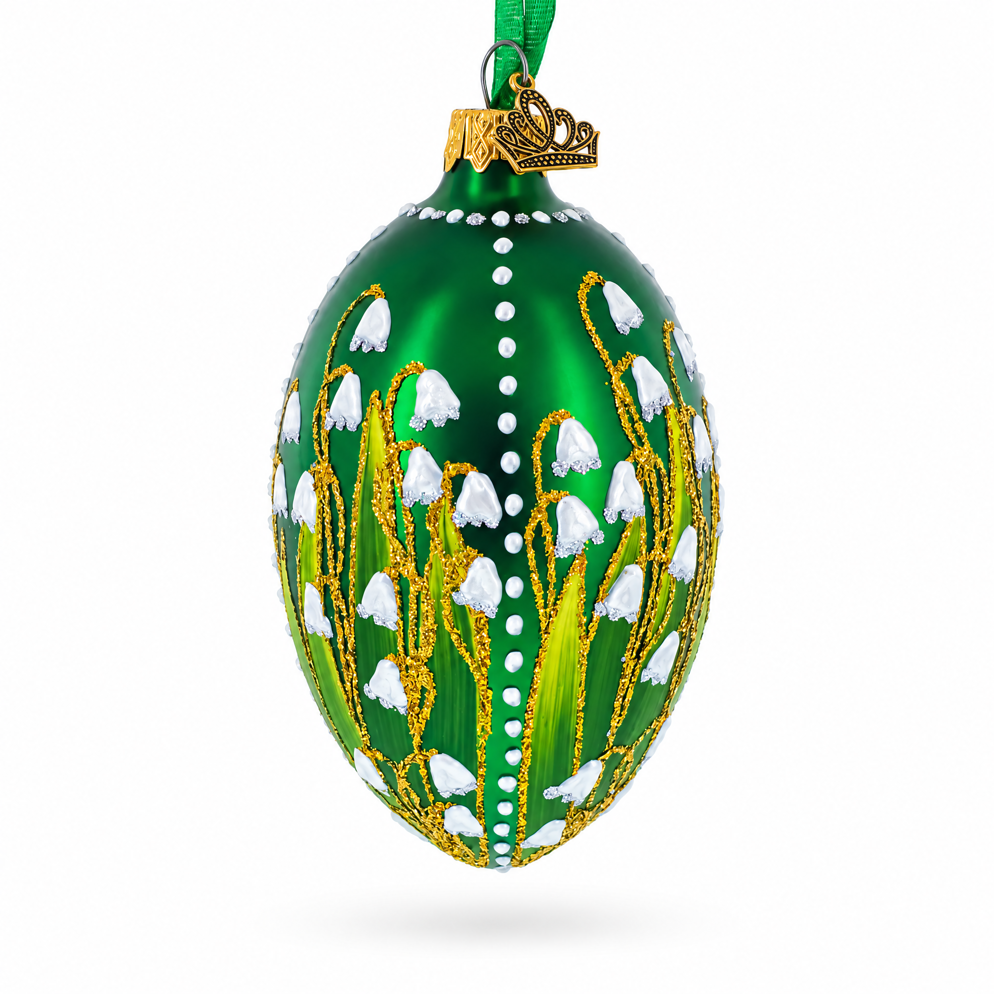 Lily of the Valley on Emerald Egg Glass Ornament 4 Inches