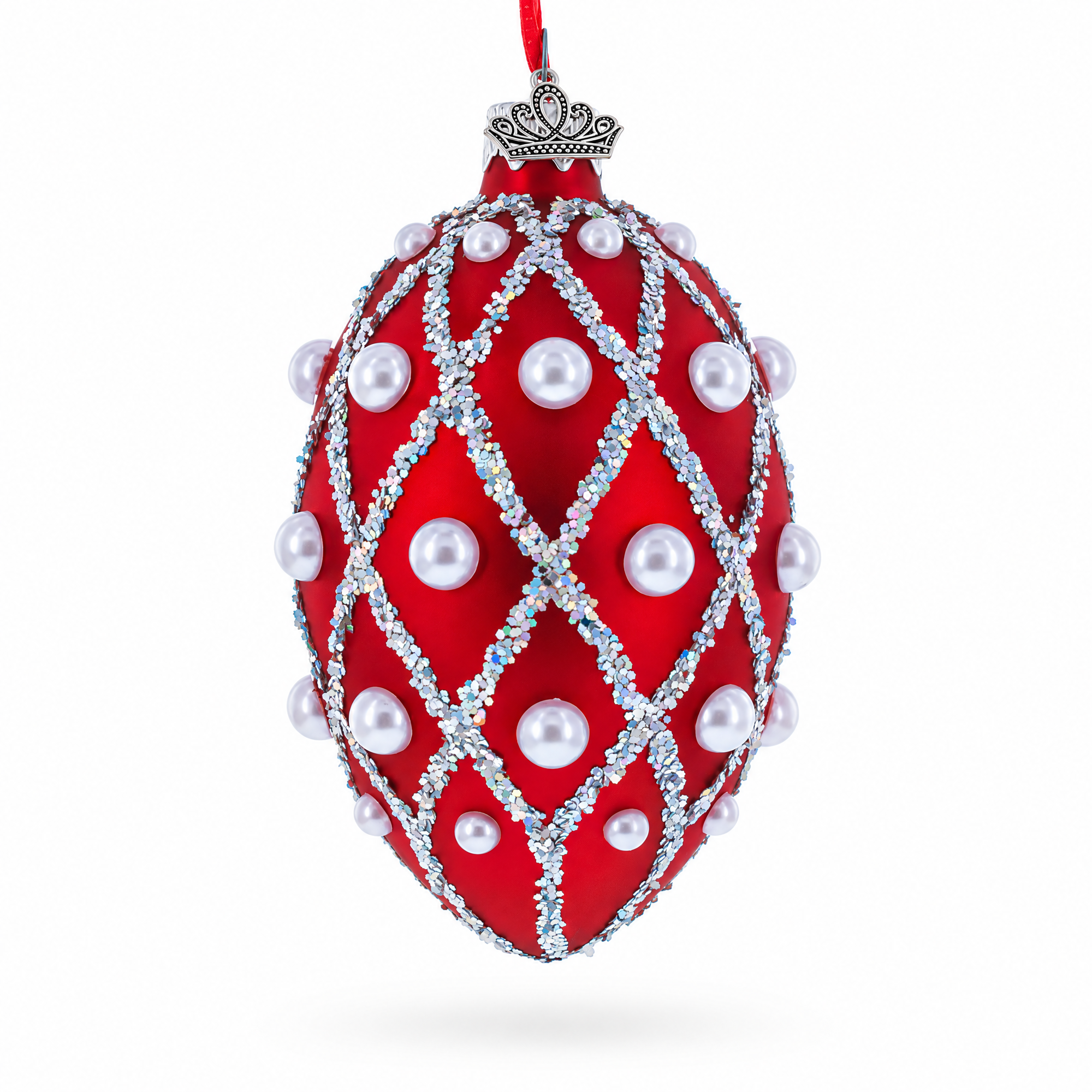 Red Pearl Lattice Glass Egg Ornament 4 Inches