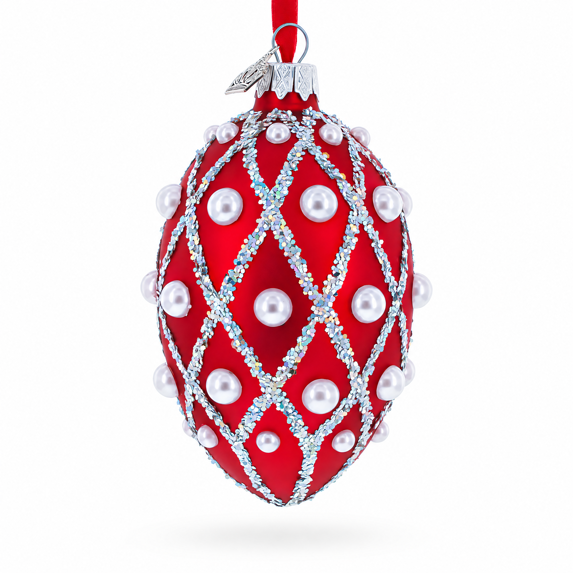 Red Pearl Lattice Glass Egg Ornament 4 Inches