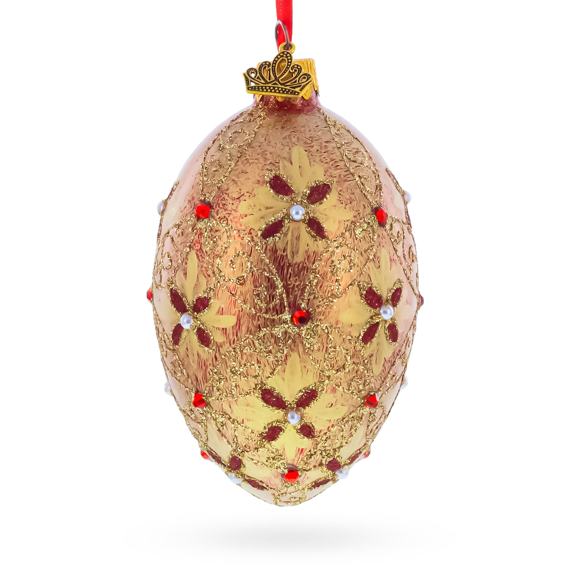 Gilded Bloom & Pearl Lattice Jeweled Glass Egg Ornament 4 Inches