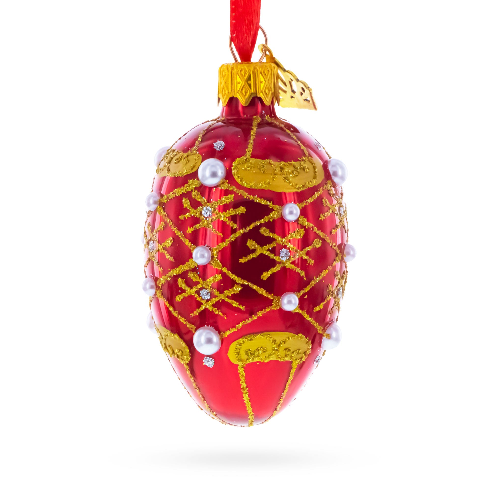 Red with Gold Glitter, Pearl Accents, and Floral Design Mini Glass Egg Ornament 2.9 Inches