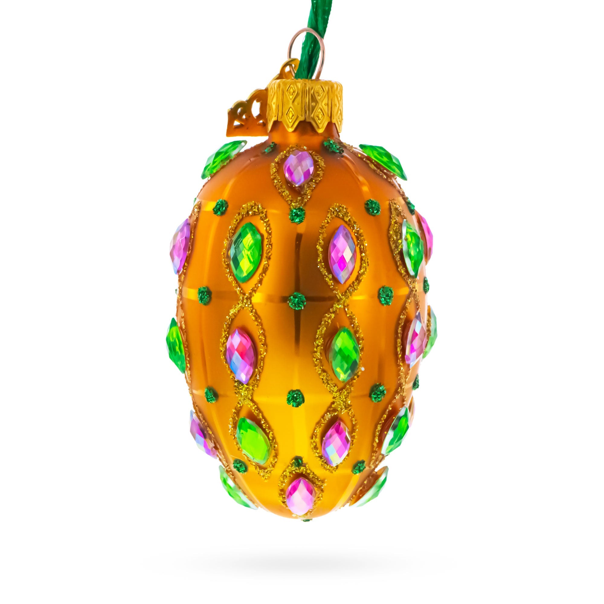 Golden Amber with Pink & Green Jewel Accents Mini Glass Egg Ornament 2.9 Inches