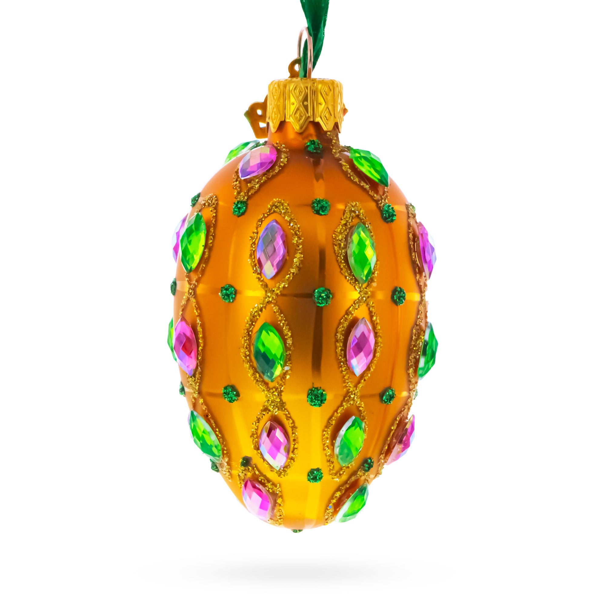 Golden Amber with Pink & Green Jewel Accents Mini Glass Egg Ornament 2.9 Inches